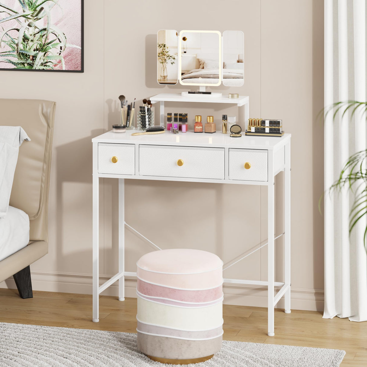 HIGDBFE Makeup Vanity Desk with Mirror and Lights & 3 Drawers, Small Vanity Desk with Height-Adjustable Stand, Vanity Table for Girls Gifts, Bedroom and Small Spaces, Fabric Drawer, 27.5'', White HIGDBFE