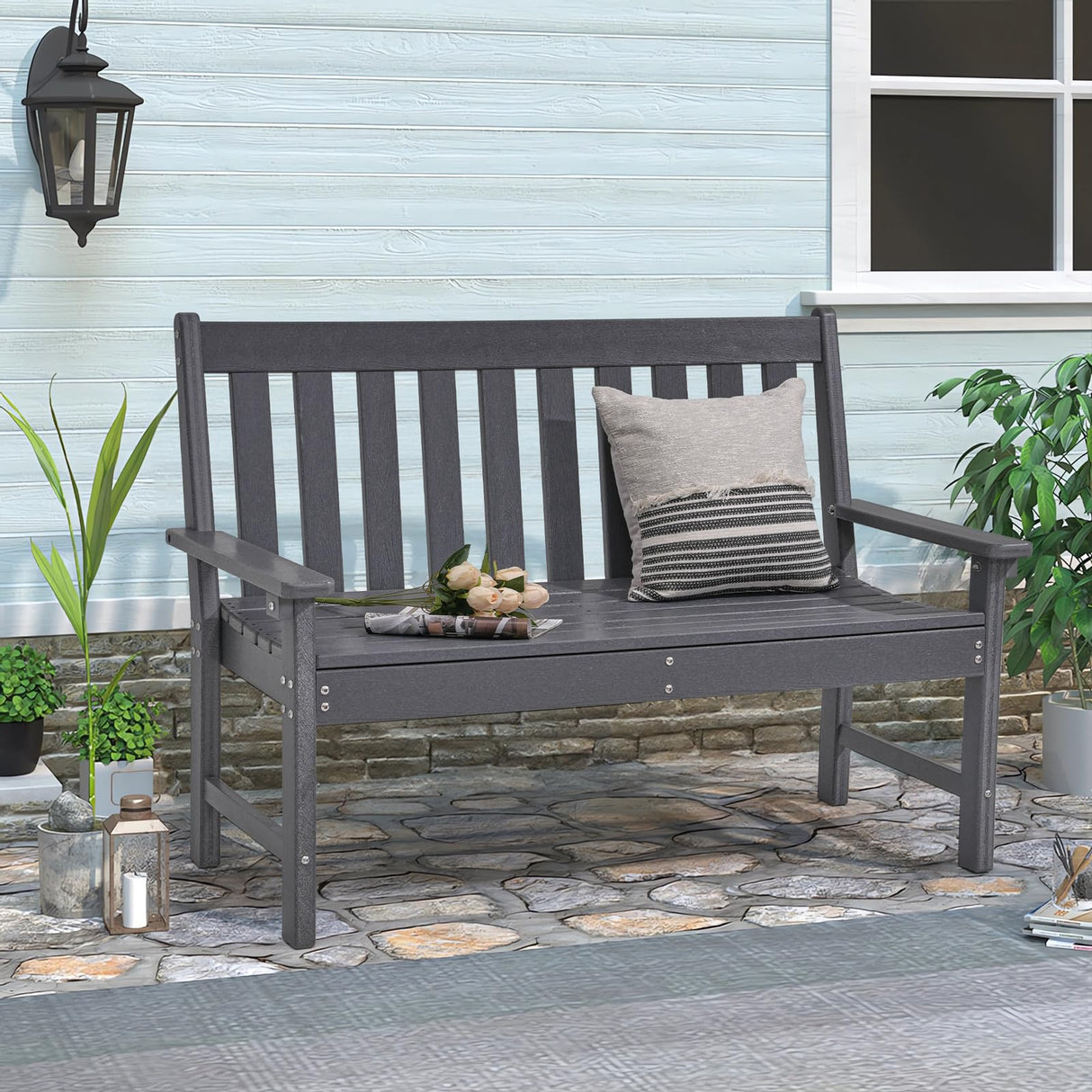 COBANA Dark Gray Outdoor Garden Bench – Durable All-Weather HDPE Patio Seating for 2-3 People COBANA