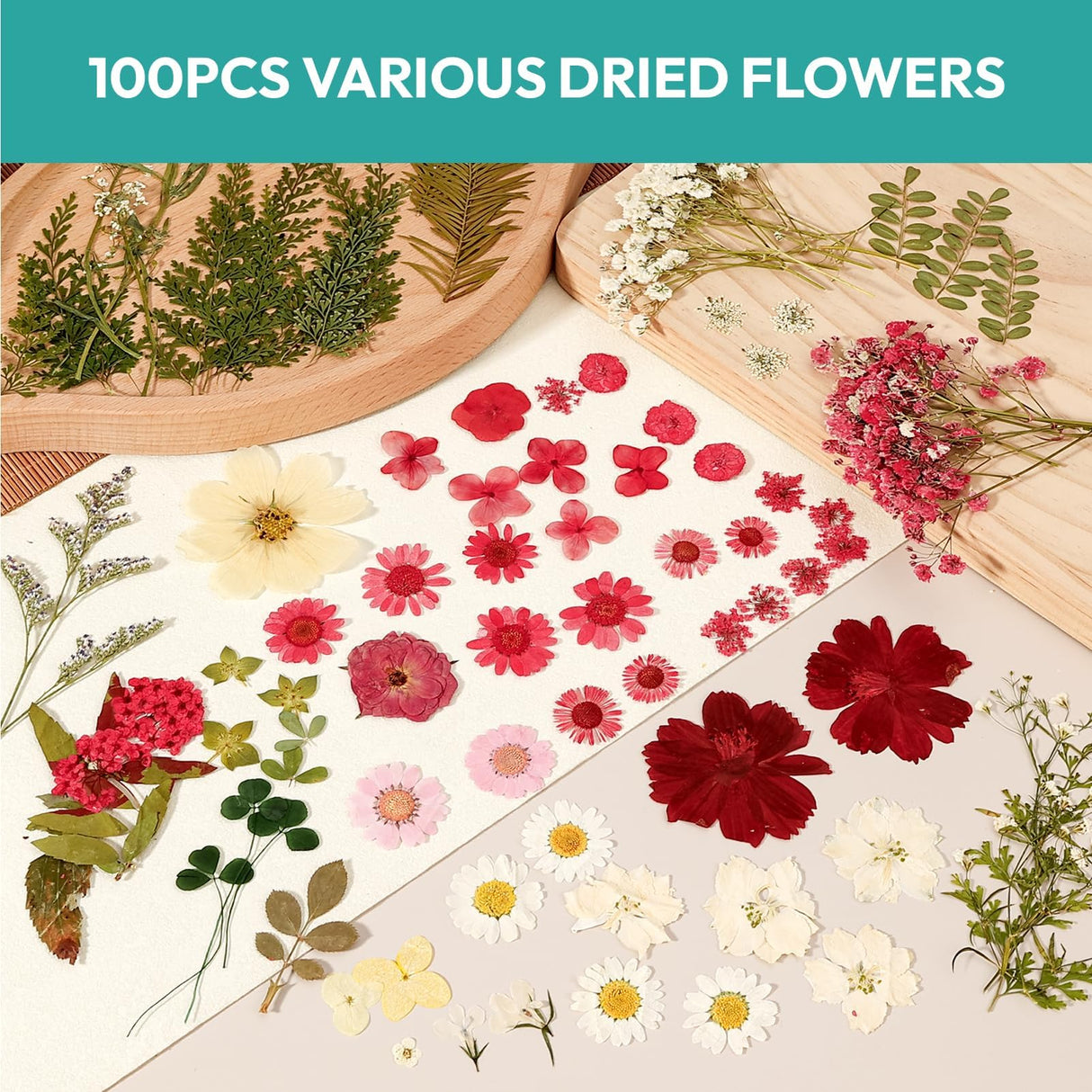 Resiners 100Pcs Dried Pressed Flowers for Resin Molds, Red Real Natural Dried Flowers Dry Leaves kit for Scrapbook Supplies Card Making Resin Jewelry Making Soap Candle DIY Crafts Resiners