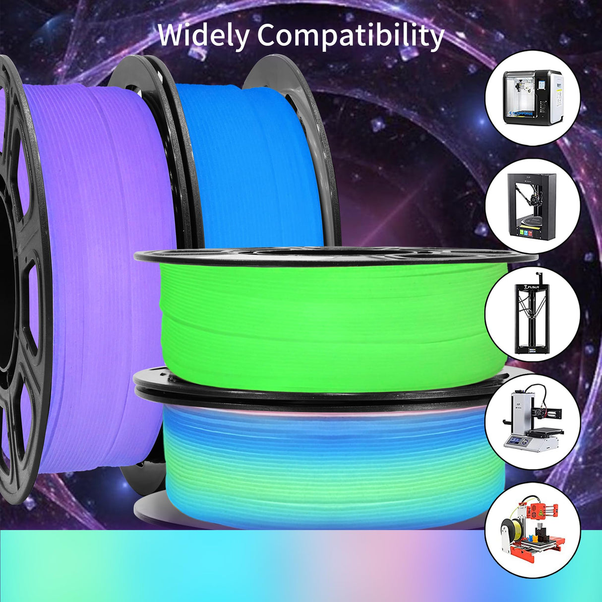 BBLIFE Glow in Dark PLA 3D Filament Bundle, 4 Popular Dark Luminous Colors: Glowing in Dark Green, Purple, Blue, Rainbow, Each Spool 0.25kg, 4 Spools, Total 1.75mm 1KG Fluorescent 3D Printer Material Bblife