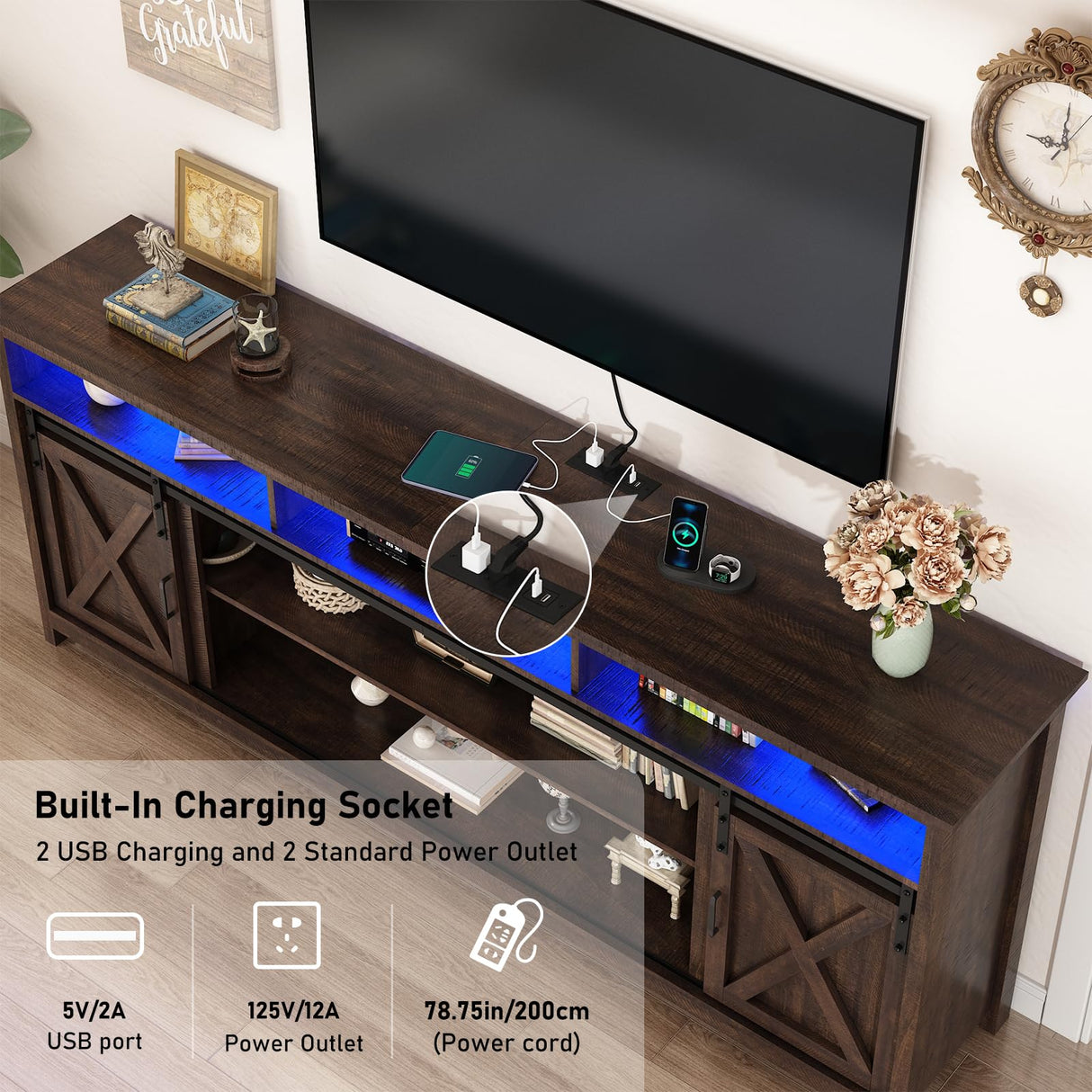 80" LED Farmhouse TV Stand for 90/85/80 Inch TVs,Tall Entertainment Center Storage Cabinets w/Power Outlets and Sliding Barn Door,Rustic TV Stands for Living Room,Media Console Cabinet (Rustic Brown) Hlivelood