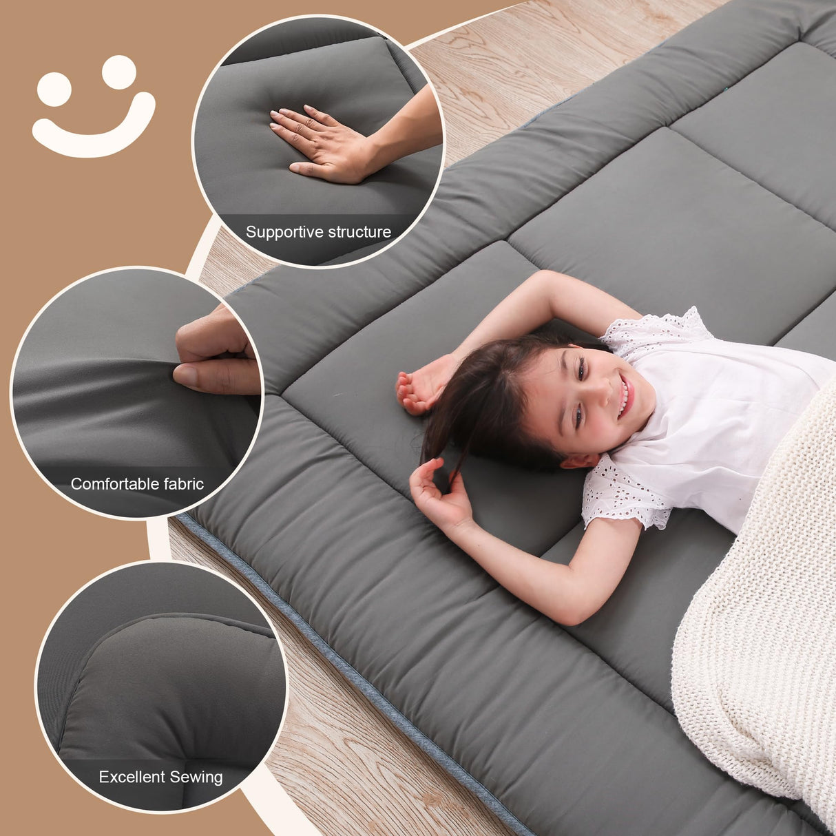 WhatsBedding Japanese Floor Mattress Futon Mattress 3" Grey Tatami Mat Shredded Memory Foam Filled Sleeping Pad, Foldable & Portable Roll Up Lounger Camping Bed for Kids and Adult,Twin Size 39"x 80" WhatsBedding