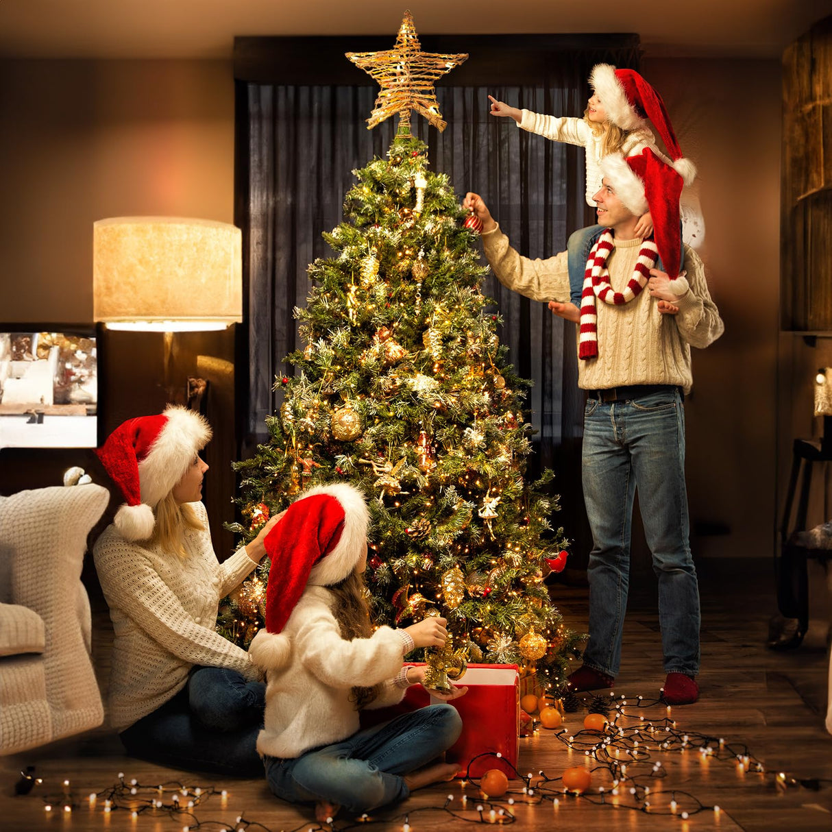 Christmas Star Tree Topper, Plug in 12" Rattan 3D Star Tree Topper, Rustic Rattan Natural Star, Built-in 10-Bulb String Lights for Christmas Tree Decoration New Year Holiday Home Office Indoor Brightown