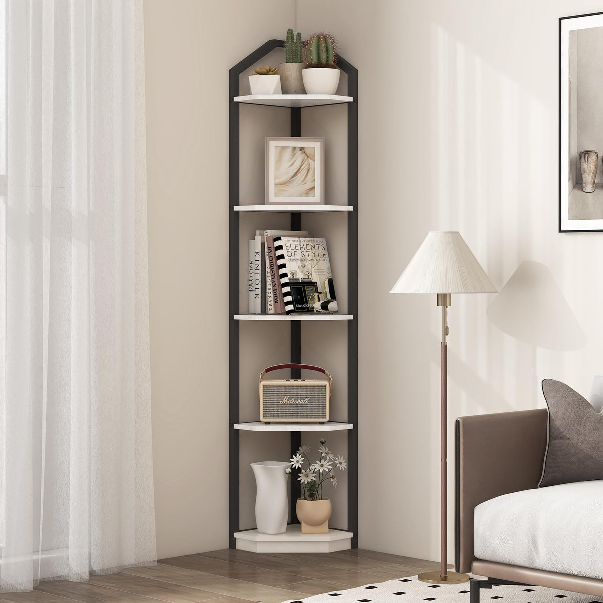 5-Tier Rustic White Corner Bookshelf - Multifunctional Storage and Display Stand Fun Memories
