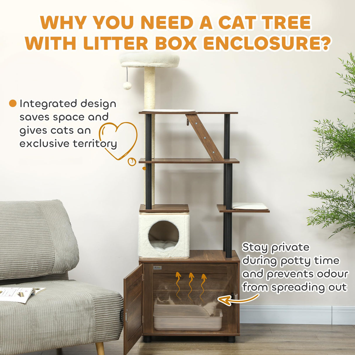 PawHut 68.5" Cat Tree with Litter Box Enclosure, 2 in 1 Cat Tower for Indoor Cats, Hidden Litter Box Furniture with Scratching Posts, Washable Cushions, Condo, Bed, Ladder, Dangling Ball Toy, Brown PawHut