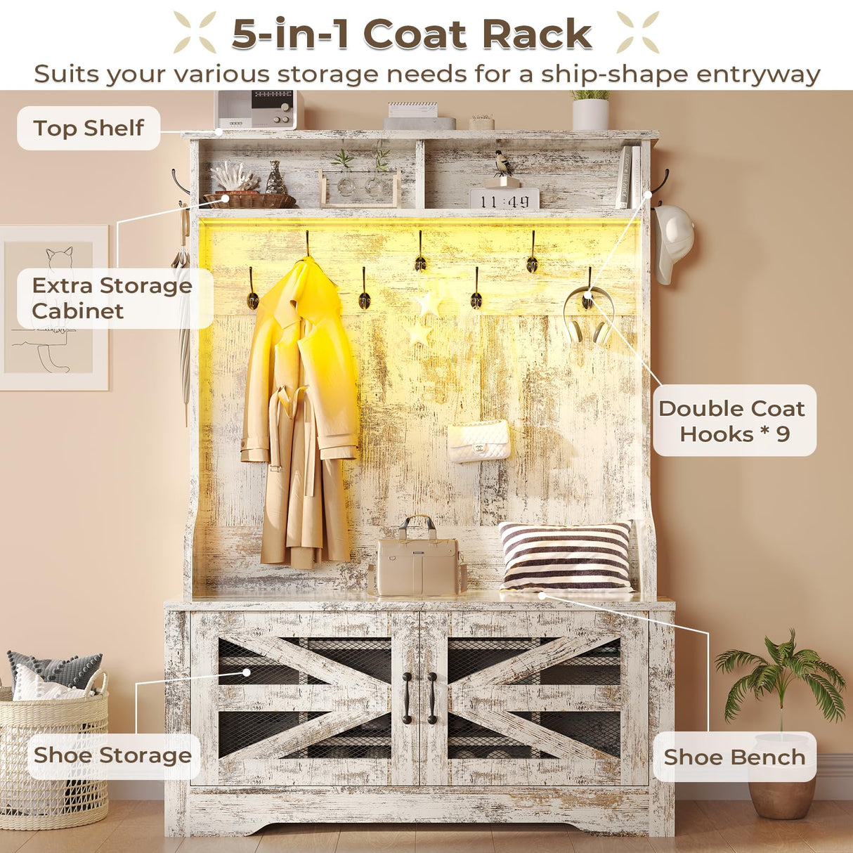 Itaar Hall Tree with Bench and Shoe Storage, 5-in-1 Entryway Bench with Coat Rack, 10 Shoe Cubbies & 9 Coat Hooks, Barn Door & Adjustable Shelf (Vintage White) Itaar