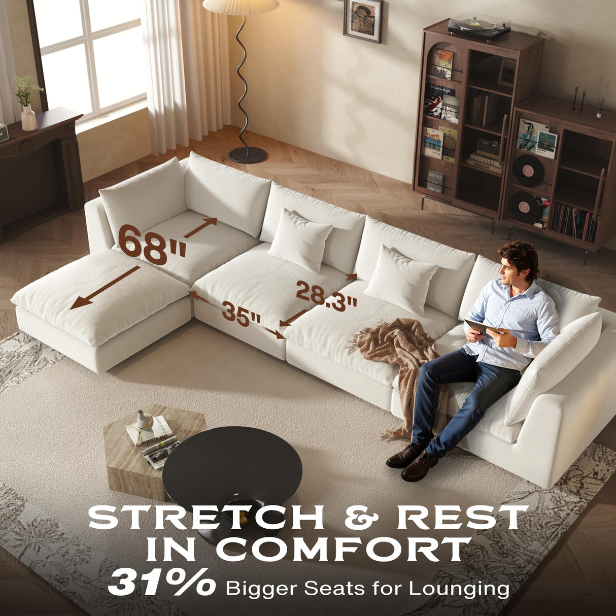 Fajiani Oversized Modular Sectional Sofa,Cloud Couch Deep Seat Sofa Cushion Covers Removable, Oversized Sectional Couches for Living Room (3 Seater+1 Ottoman-Cream White) Fajiani