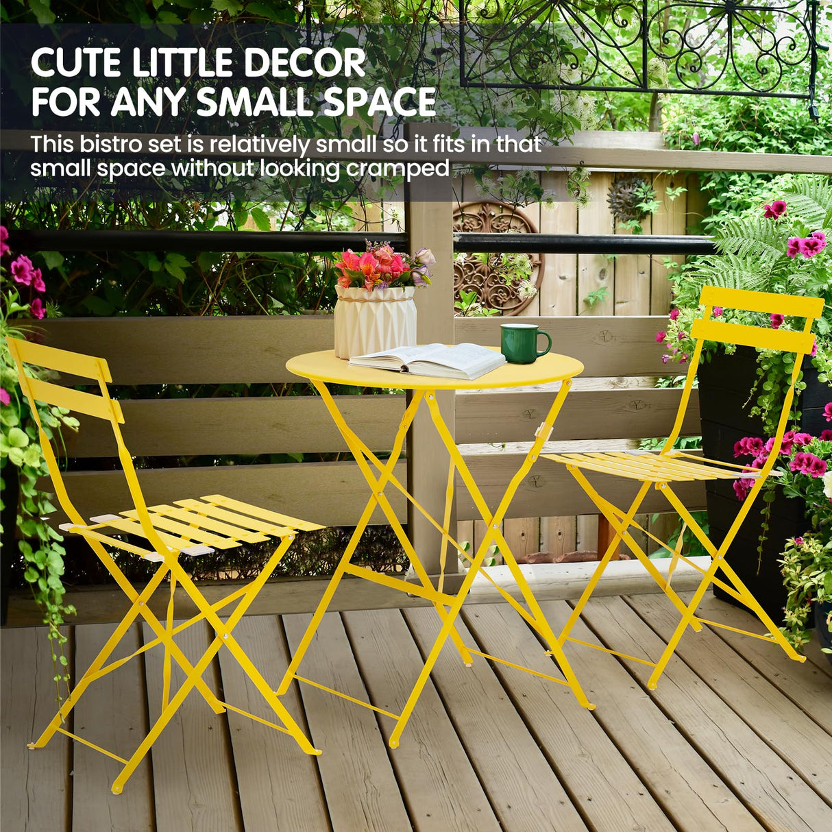 3-Piece Bistro Table and Chairs, Wrought Iron Bistro Set, Anti-Rust, Waterproof Folding Cafe Table and Chairs Set of 2, Foldable Small Bistro Set for Small Space/Indoor/Outdoor/Porch/Lawn/Balcony BUPPLEE