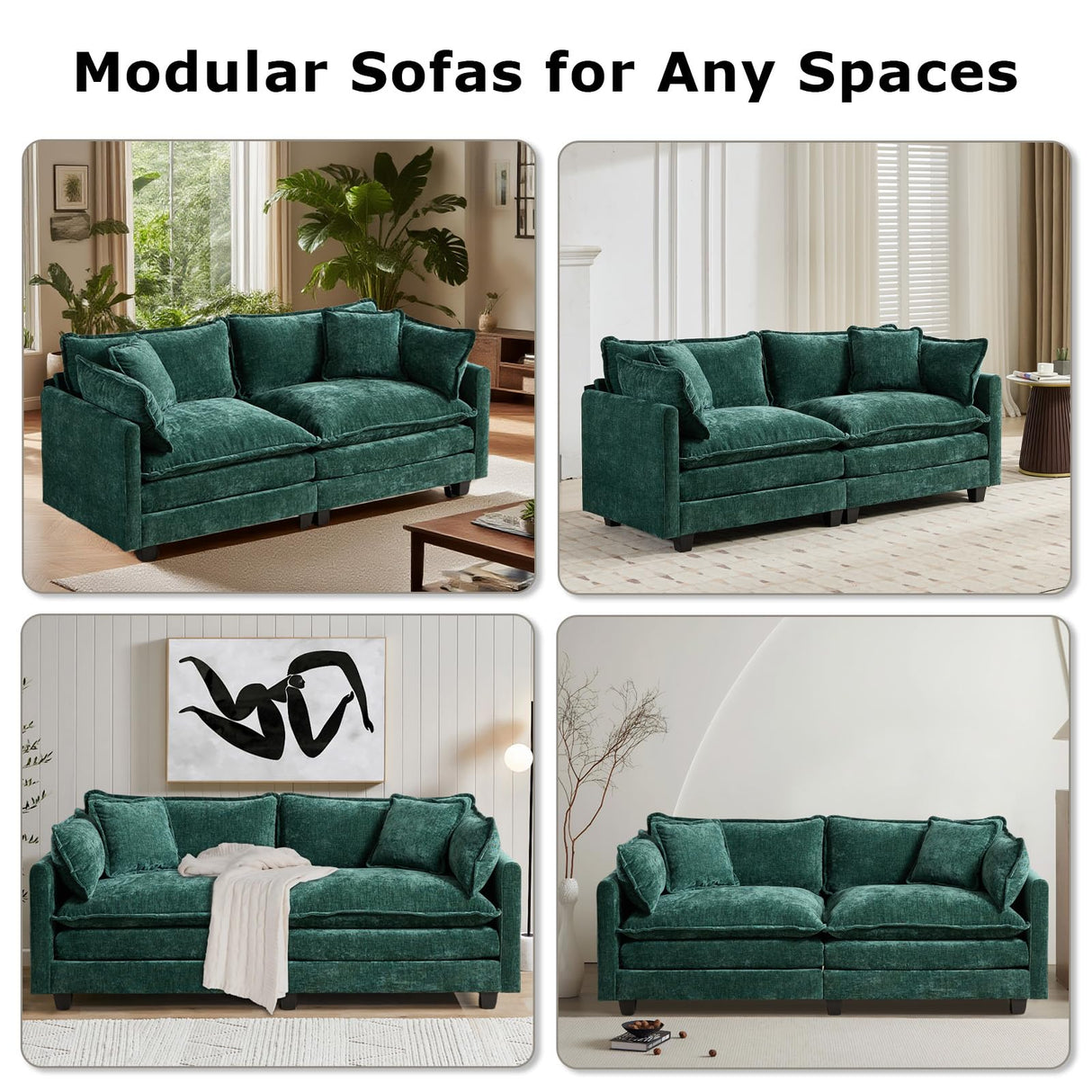 SoarFlash Chenille 71.6" Sectional Sofa, Comfy L Shaped Modular Coush Sofa with Ottoman, Modern 2 Seat Couch Deep Seat Sofa Set for Living Room,Green SoarFlash