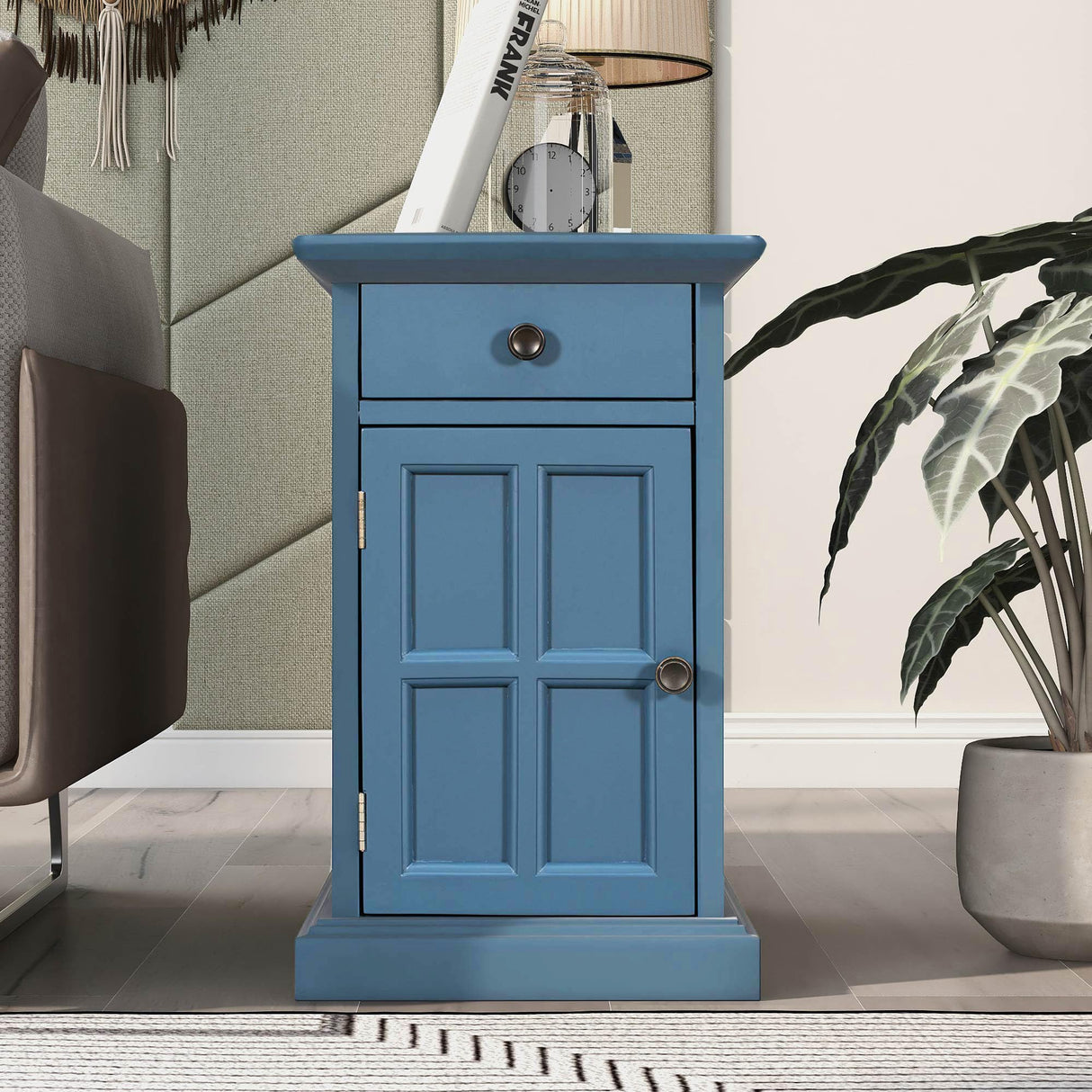 Traditional Wood End Table with Charging Station, Modern Vintage Sofa Chair Side Table Nightstand with Storage & Drawer for Living Room Bedroom, No Assembly, Antique Navy Amposei