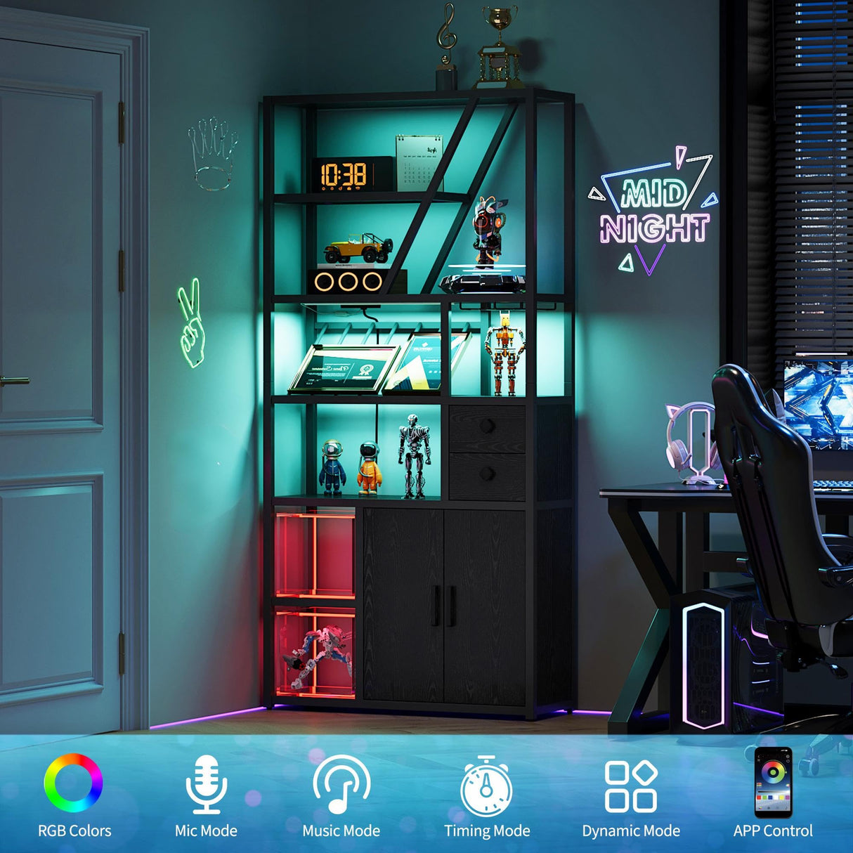 GAOMON Bar Cabinet with Power Outlets, 71.2" Tall Wine Liquor Cabinets with LED Lights and Glass Holder, Coffee Bar Station for Living Room, Microwave Stand Bakers Rack Cabinets GAOMON