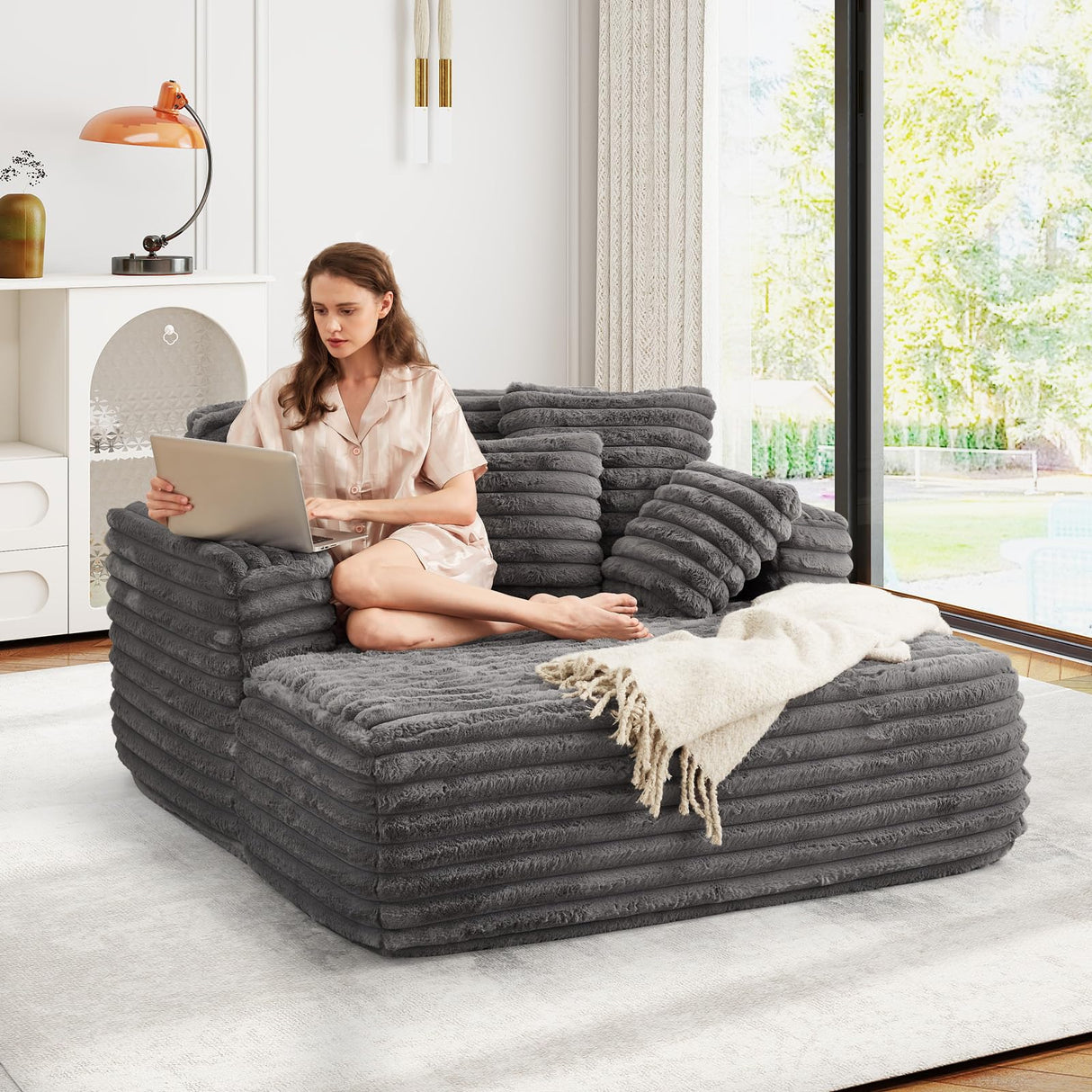 JEEOHEY 56"W Oversized Chaise Lounge Chair Indoor,Plush Faux Fur Sleeper Sofa Couch Bed with Pillows&Wide Armrest,Fluffy Comfy Cloud Sofa,Compression Foam Boneless Couch for Living Room,Bedroom(Grey) JEEOHEY