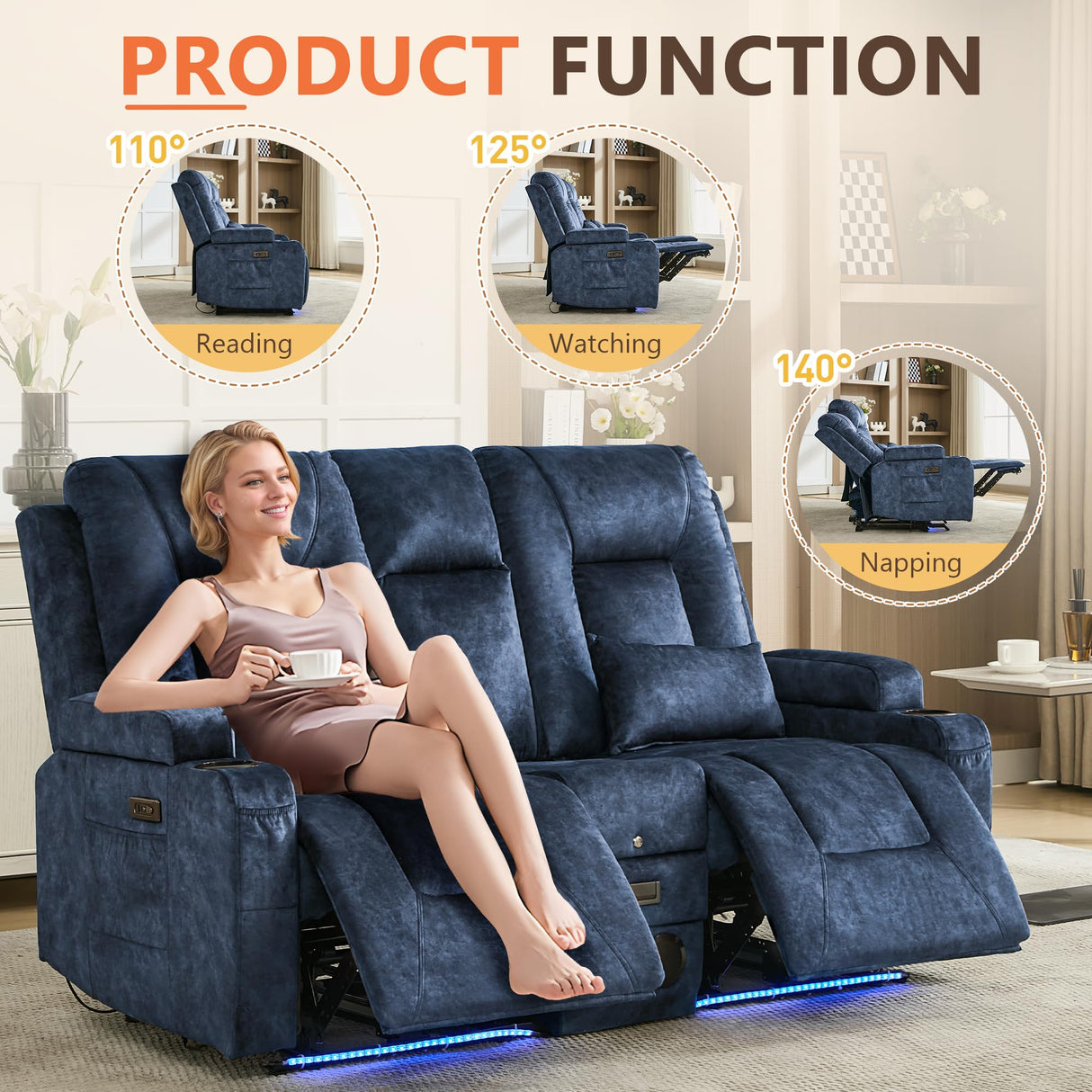 Houjud Power Reclining Loveseat Recliner Sofa with Console, Wall-Hugger RV Couch with USB Ports, Cup Holders, Bluetooth Speakers & Ambient Lighting for Home Theater or Camper, Velvet, Blue Houjud