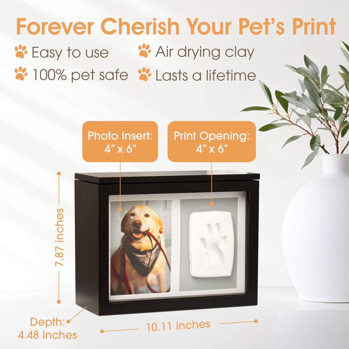 Pearhead Pet Memory Box & Urn – Solid Wood, Black Finish, Personalized Keepsake with Clay Paw-Print Kit & 4" × 6" Photo Frame – Holds Ashes, Collars, Special Toys & Memories Pearhead
