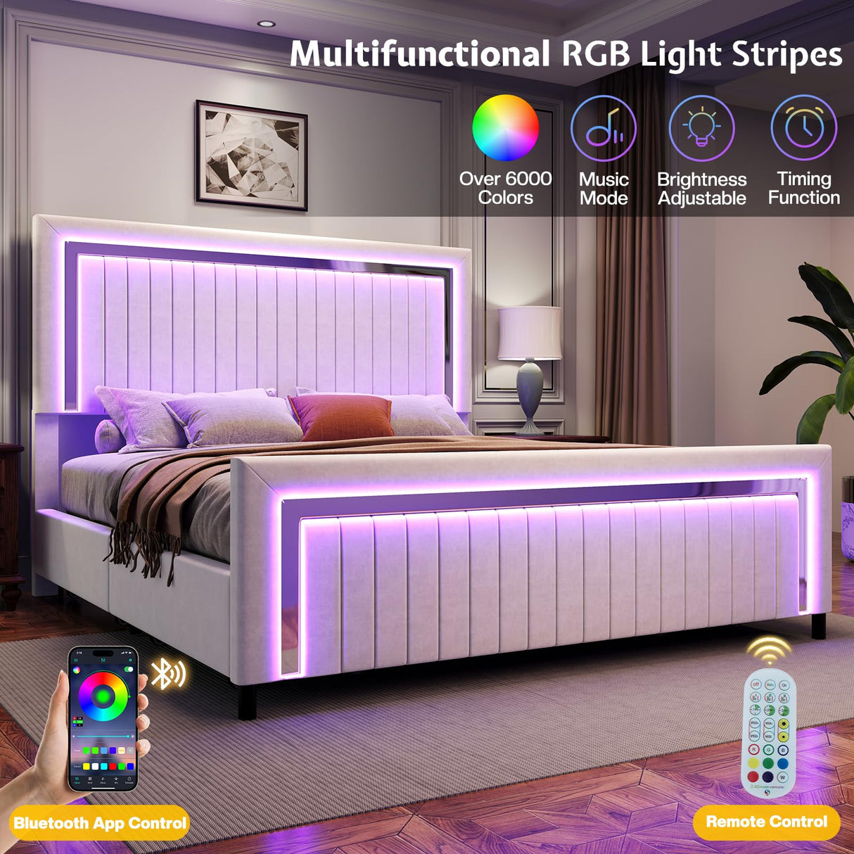 Jocisland Upholstered Platform King Size LED Bed Frame with 4 Storage Drawers, Adjustable Headboard, White Jocisland