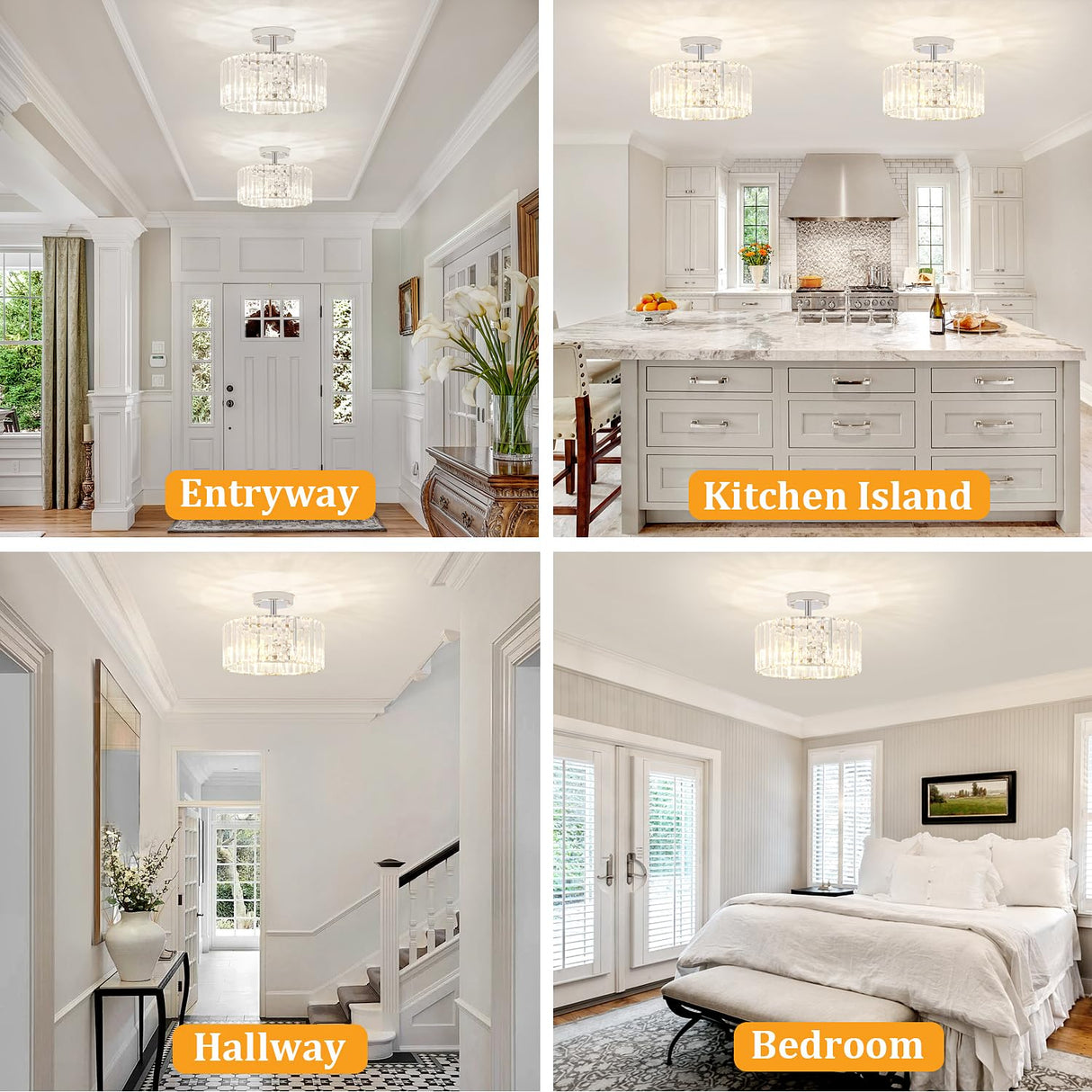 TOULMJ 3-Light Crystal Semi Flush Mount Ceiling Light, Modern Chrome Crystal Round Close to Ceiling Light Fixture for Bedroom Kitchen Island Hallway Foyer Entryway, Chrome Finish TOULMJ