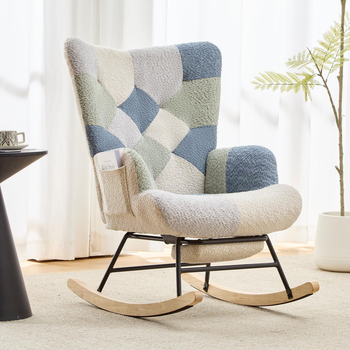 ETCZOYE Modern Nursery Rocking Chair, Teddy Upholstered Glider Rocker with Footrest, Comfortable Rocker Recliner with Side Pocket for Living Room, Bedroom, Office, Large Spliced Dark Blue ETCZOYE