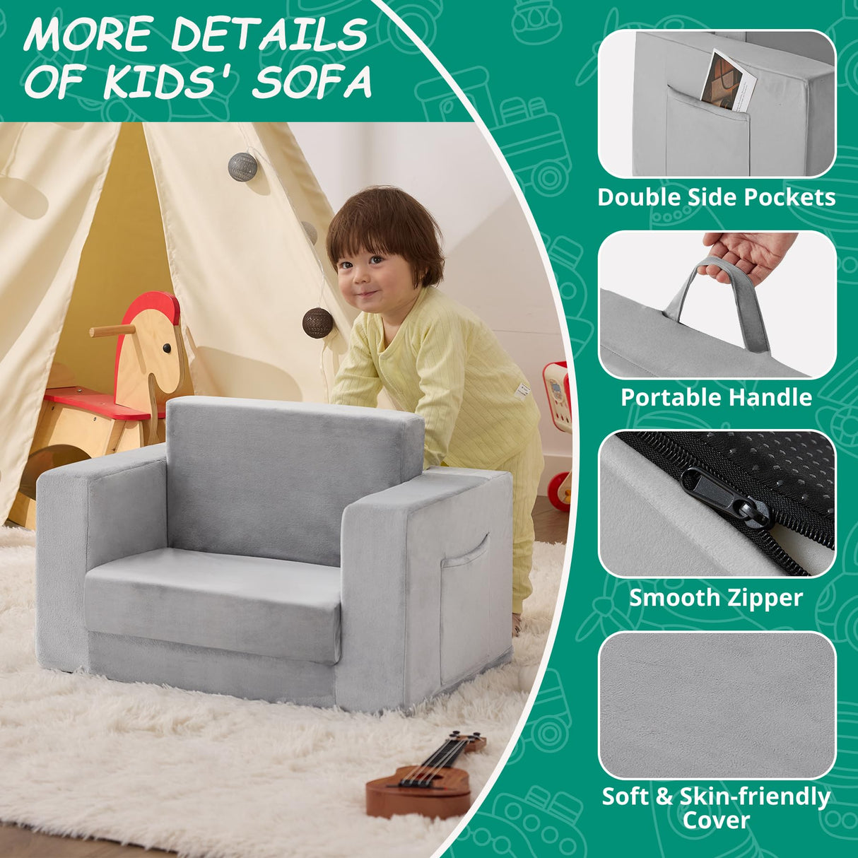Kids Couch, 2-in-1 Toddler Chair Comfy 1-3 Years Old, Convertible Kids Chair, Toddler Couch That Fold Out, Kid Lounge Chairs for Boys and Girls, Soft Coral Fleece, Grey Zorvoxz