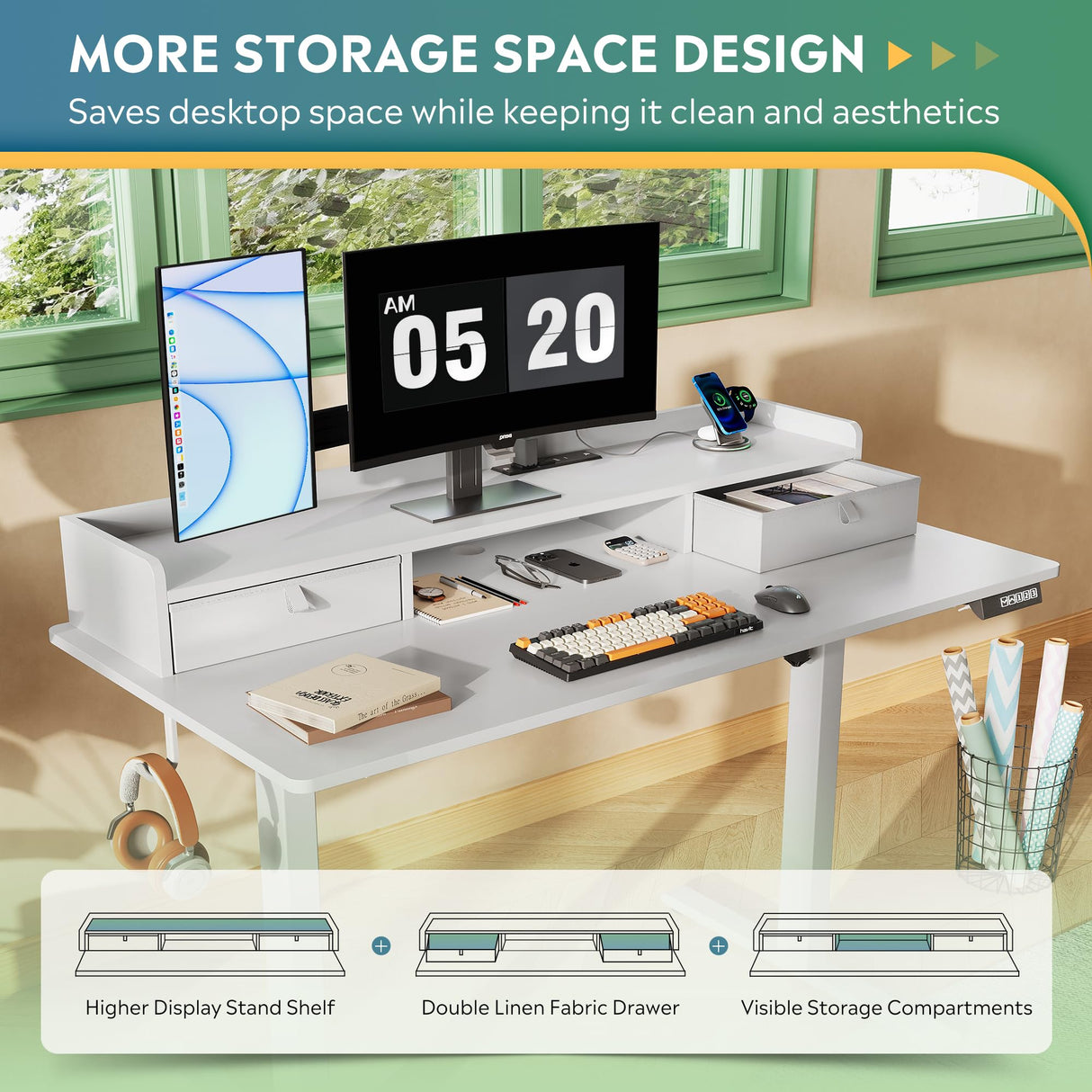 DEVAISE 48×24 Inch Electric Standing Desk with Drawers, Computer Desk with 3 Adjustable Height, Storage Shelf, Built-in AC & USB Outlets and Memory Preset, Sit to Stand Desk for Home Office, White DEVAISE