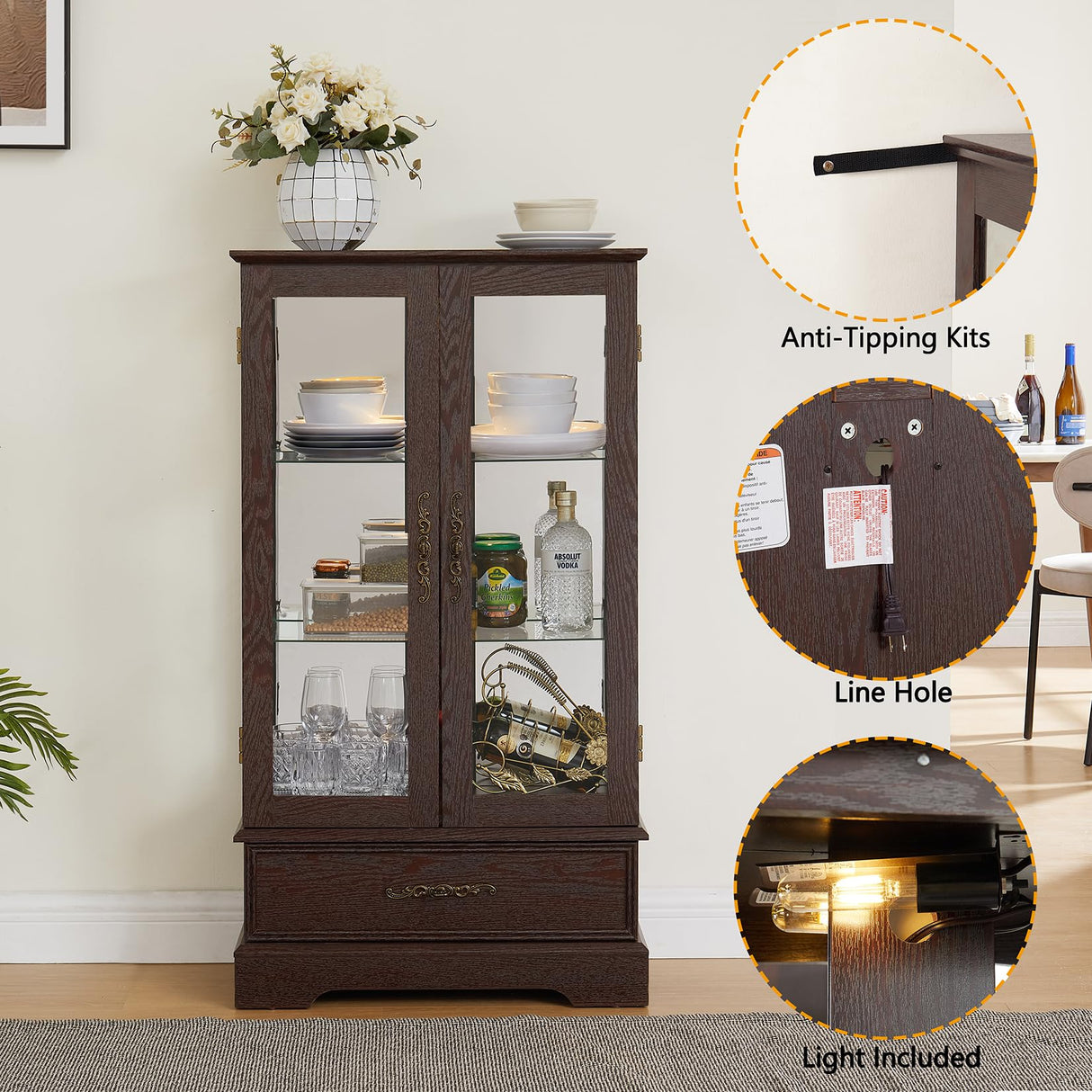 Lighted Glass Cabinet Curio Display Cabinet with Adjustable Glass Shelves 2 Doors and 1 Drawer Farmhouse Buffet Sideboard, Bulb Included, Brown Bituman