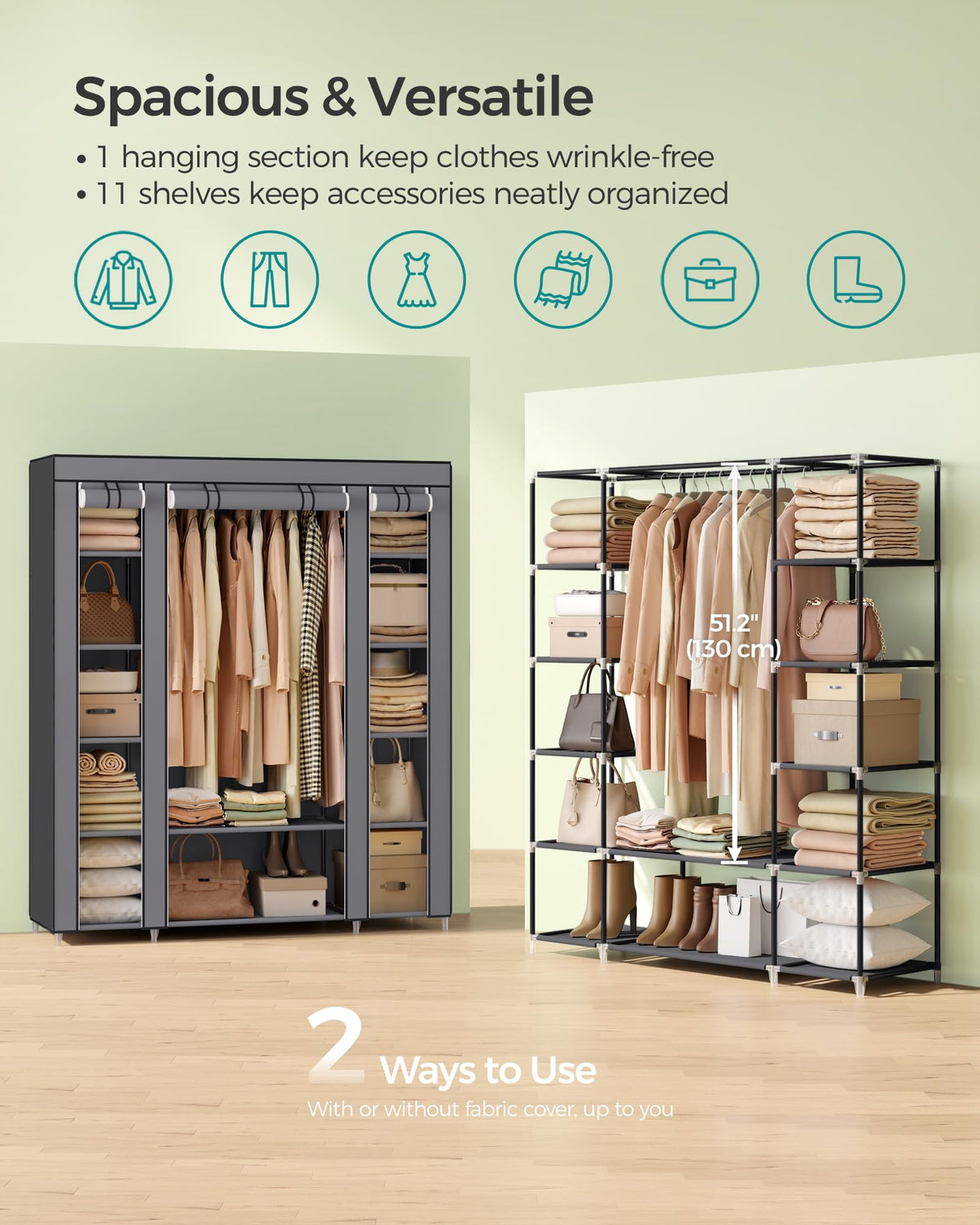 SONGMICS Closet Wardrobe, Portable Closet for Bedroom, Clothes Rail with Non-Woven Fabric Cover, Clothes Storage Organizer, 59 x 17.7 x 69 Inches, 12 Compartments, Gray ULSF03G SONGMICS