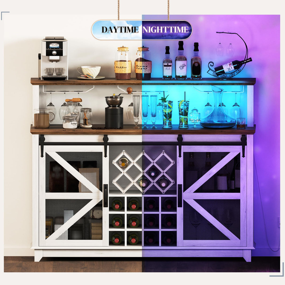 HOMCOM Farmhouse Coffee Bar Cabinet with Smart App Control LED Lights, 55" Wine Bar Cabinet with 12-Bottle Rack, Glass Holder, Kitchen Sideboard Buffet with Sliding Mesh Doors, Distressed White HOMCOM