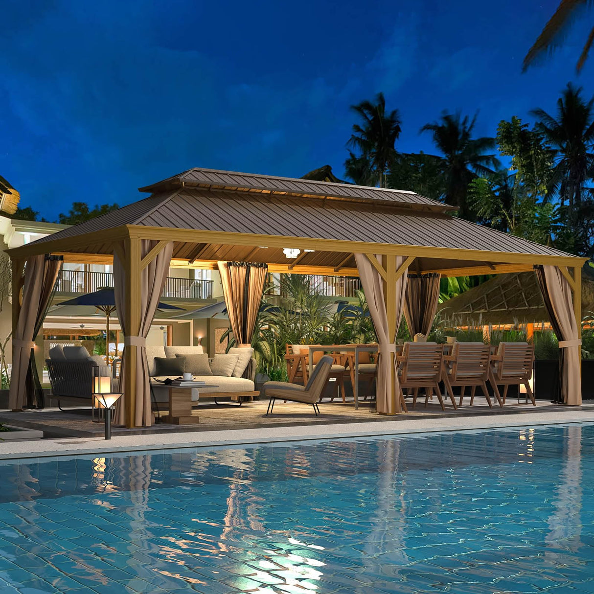 MELLCOM 12' x 24' Gazebo, Hardtop Gazebo Wood-Looking Gazebo with Galvanized Steel Double Roof, Aluminum Frame, Outdoor Patio Hardtop Gazebo with Netting and Curtains for Deck, Backyard, Patio, Lawns MELLCOM