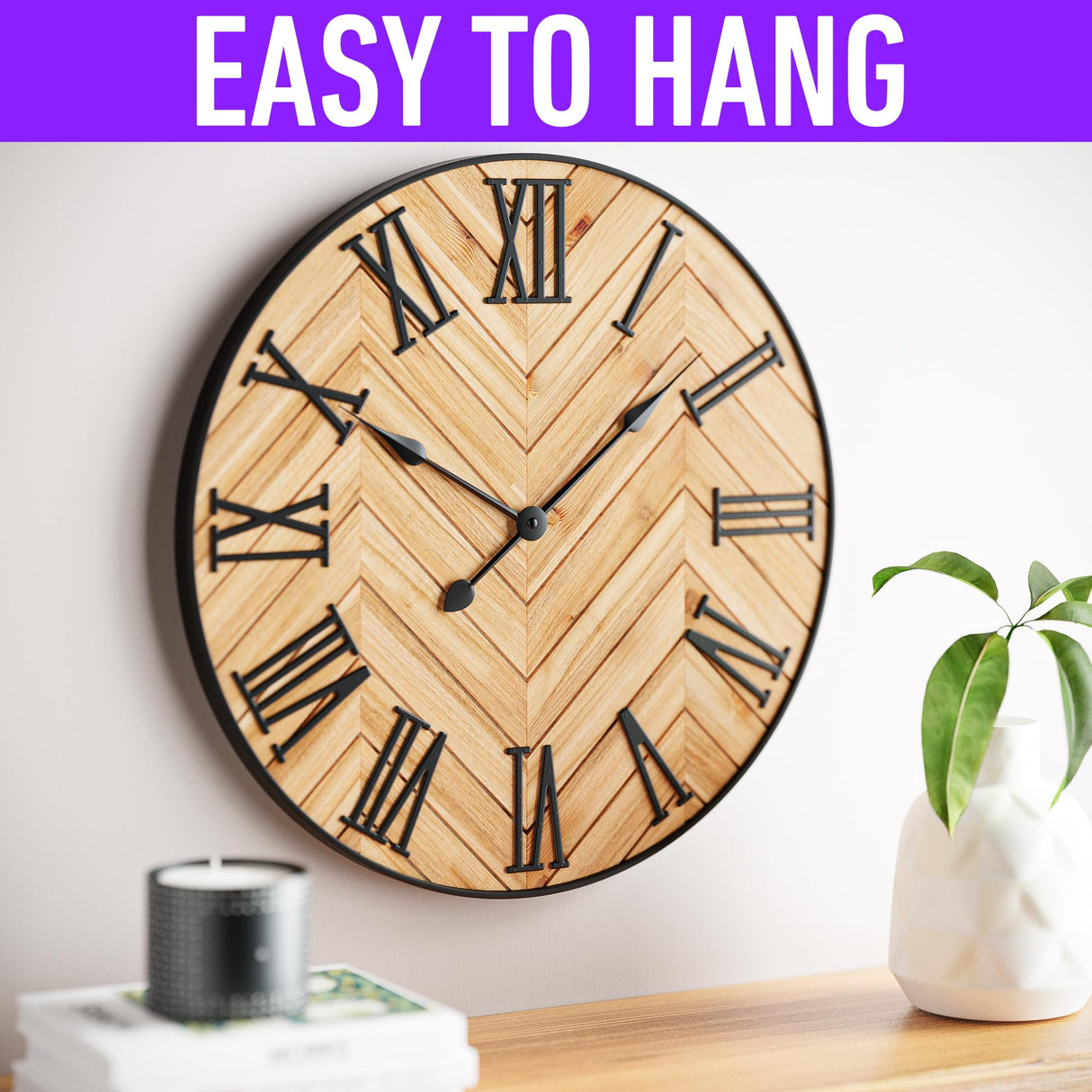 Large Wall Clock 24" Round - Silent Metal & Wood Large Clock - Farmhouse Wall Clock Large - 24 Inch Wall Clock For Living Room Decor - Big Wall Clock Roman Numerals - Wall Clocks For Living Room Decor HB Design Co.