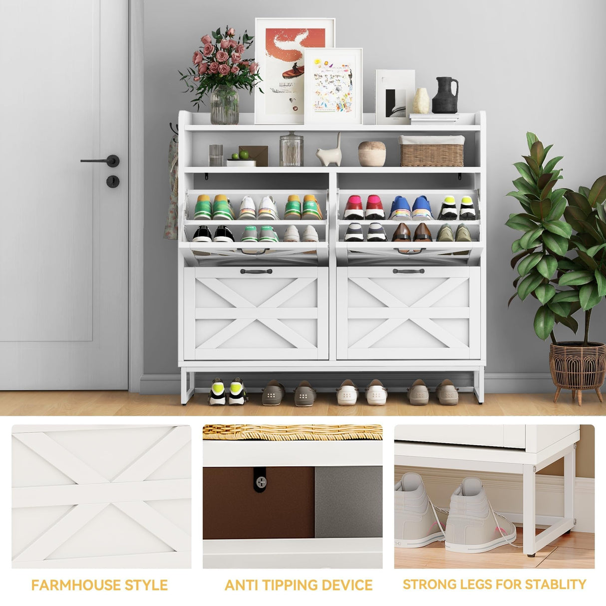 DWVO White Farmhouse Storage Shoe Cabinet with 4 Flip Drawers for 24 Pairs,Shoe Organizer with Metal Legs for Entryway, Living Room, Hallway DWVO