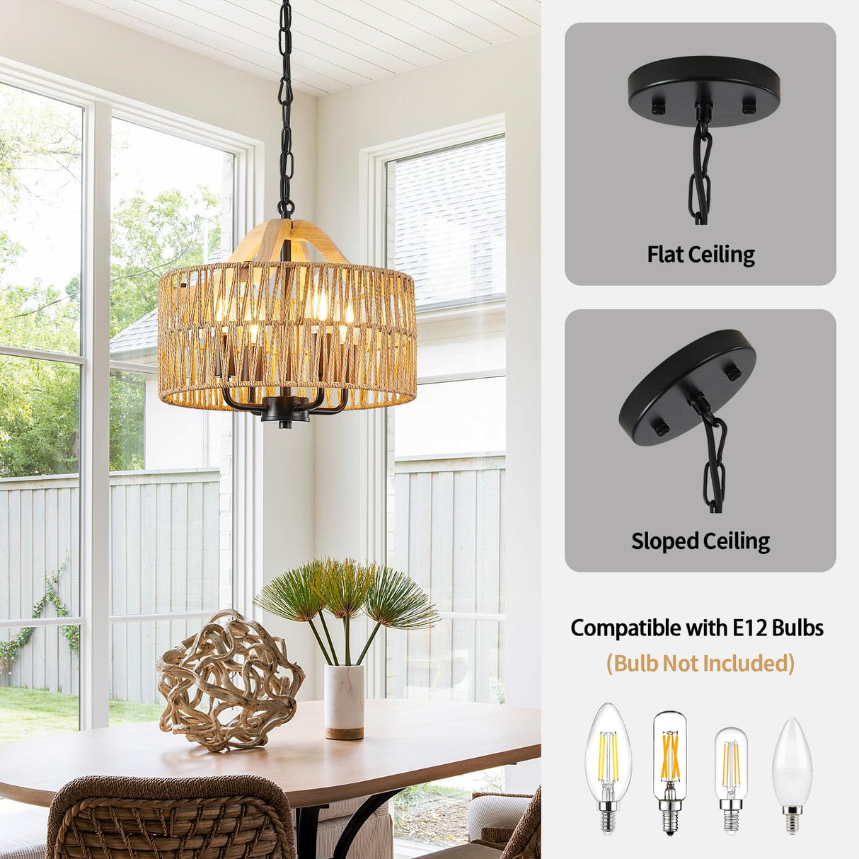 ZSDHXi Rattan Pendant Light Fixtures, 4-Light Boho Chandelier with Woven Drum Shade, Farmhouse Dining Room Ceiling Hanging Lamp, Small Wicker Coastal Pendant Lighting for Kitchen Island Hallway ZSDHXi