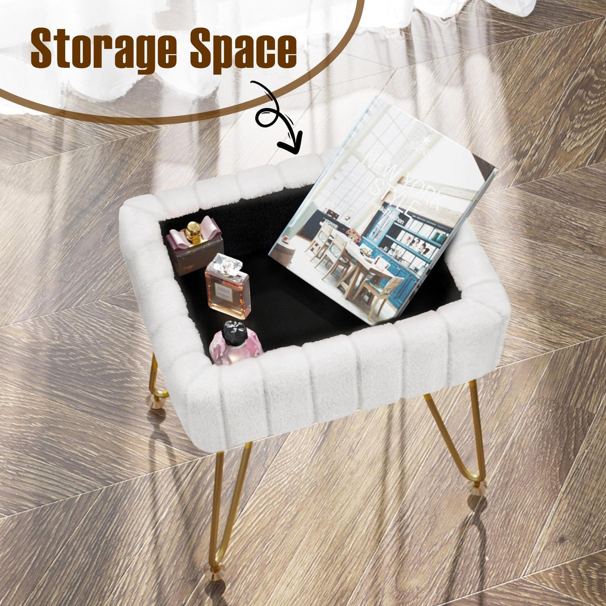 Greenstell Vanity Stool Chair Faux Fur with Storage, 15.7"L x 11.8"W x 19.4"H Soft Ottoman 4 Metal Legs with Anti-Slip Feet, Furry Padded Seat, Modern Multifunctional Chairs for Makeup, Bedroom White GREENSTELL