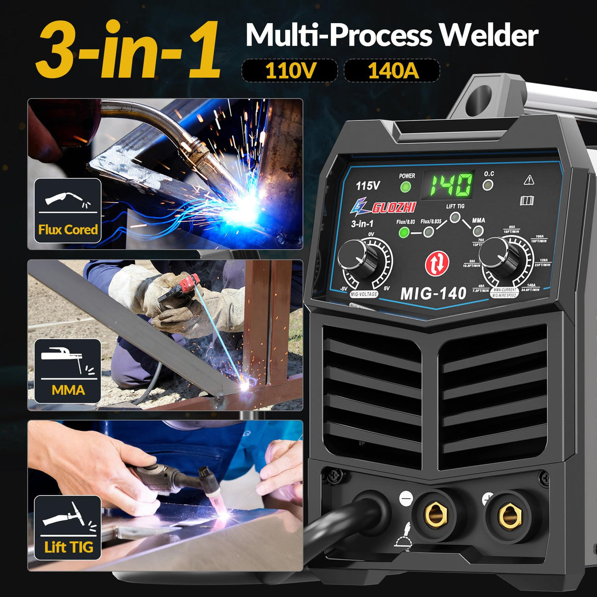 GZ GUOZHI 140A MIG Welder, 3 in 1 Welder FLUX MIG/ARC/Lift TIG Multi-Process Mig Welder, 110V Welding Machine, Welder Machine 110v Flux Core Welder with Welding Gun GZ GUOZHI