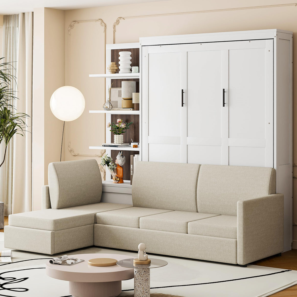 HABITRIO Queen Size Murphy Bed, Wooden Queen Murphy Bed Frame with Shelves, Wall Bed with L-Shape Sofa, White HABITRIO