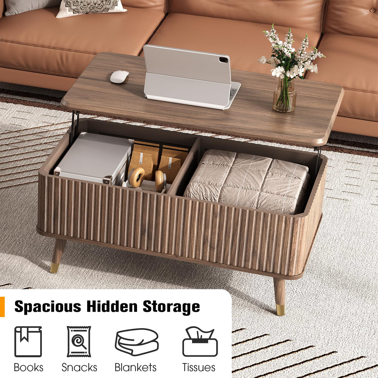 JOINICE Lift Top Coffee Table with Storage, Mid Century Modern Fluted Wood Design,Pop-Up Walnut Center Table with Hidden Compartment for Living Room & Home Office Work/Dining JOINICE