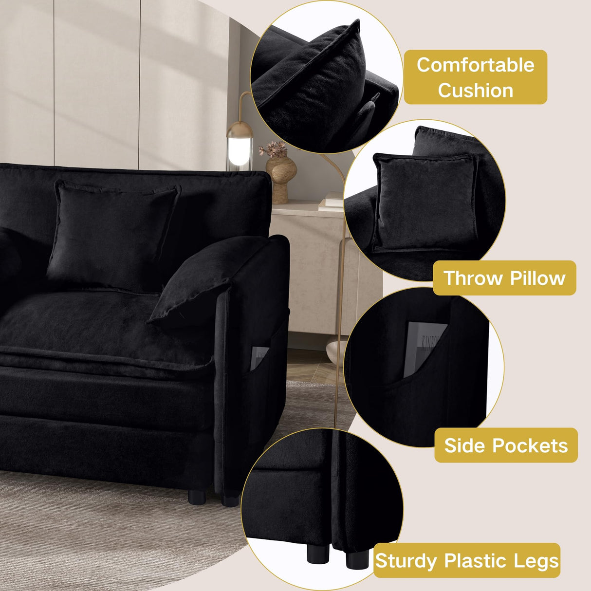 110" Modular Sectional Sofa,U-Shaped Chenille Sofa Couch with Movable Ottoman,Modern 5 Seat Cloud Sectional Couches for Living Room Office Home (Black, 110" U-5 Seater) Anwick