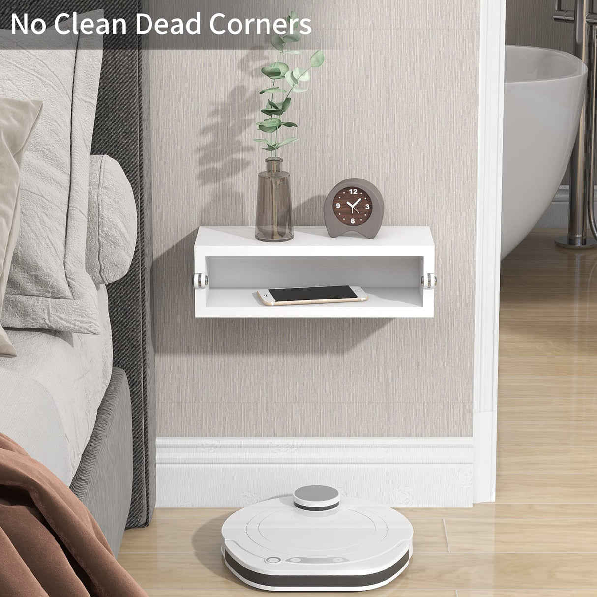 SUMGAR Floating Nightstand White Modern Bedside Table Organiser Fully Assembled Shelf Small Spaces Wall Mounted Storage Wood Furniture for Bedroom Home Decor 13 Inch Wide SUMGAR