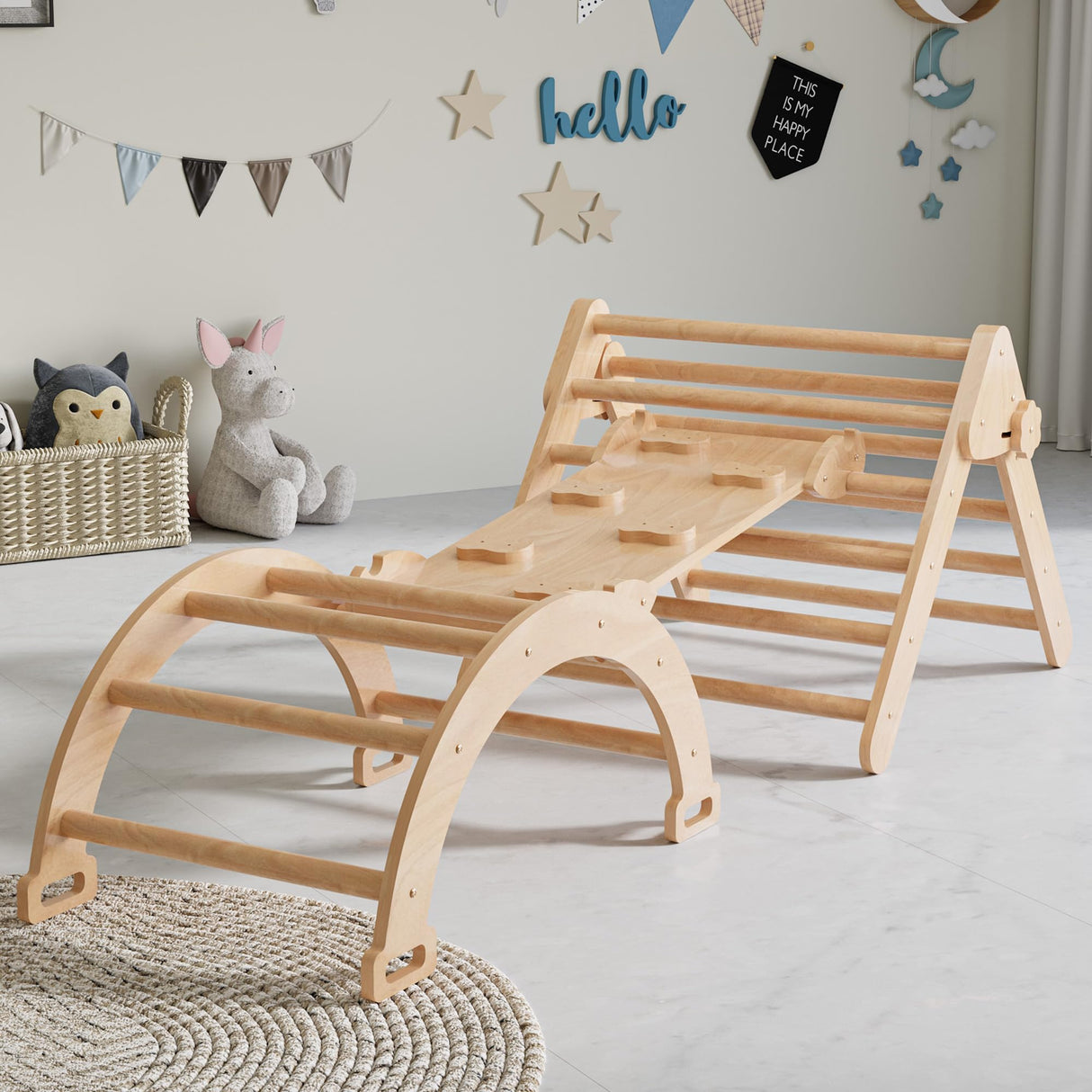 Cozy Castle 5 in 1 Pikler Triangle Set, Foldable Climbing Toys Indoor Playground, with Arch Climber, Rocker, Jungle Gym, Oak Cozy Castle