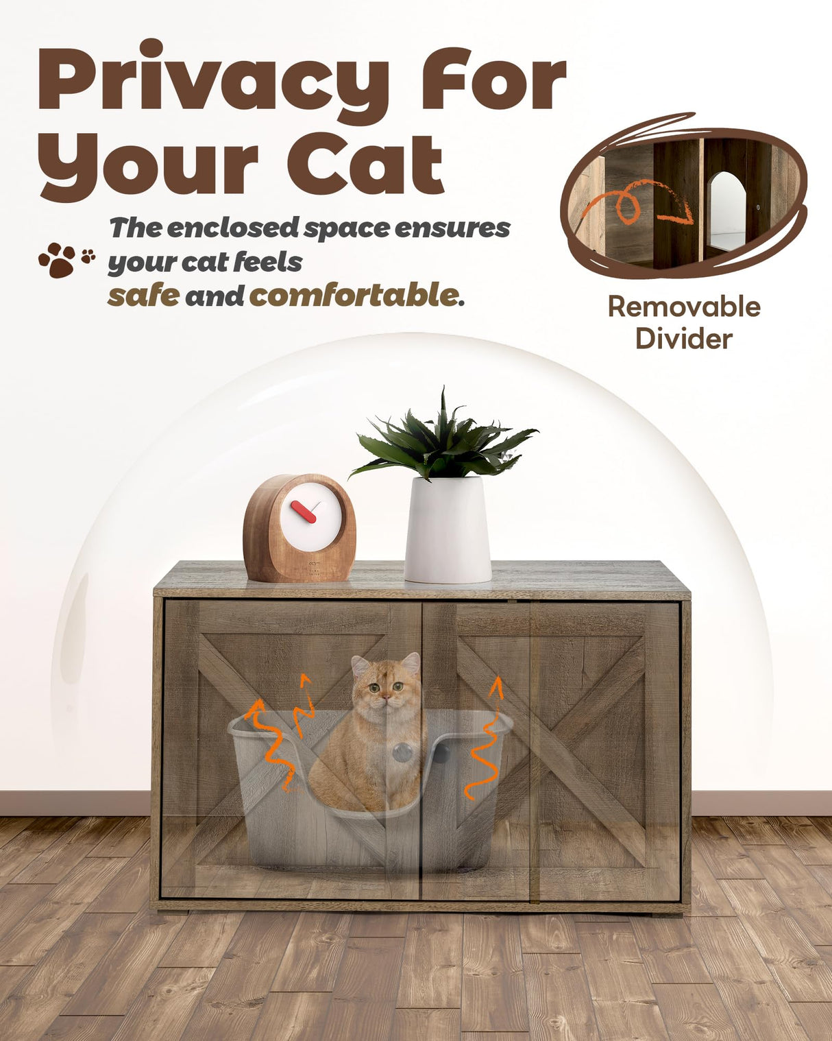 Upolana Cat Litter Box Enclosure, 32 inch Hidden Litter Box Furniture with Divider, Wooden Kitty Litter Box Cabinet End Side Table, Greige Upolana