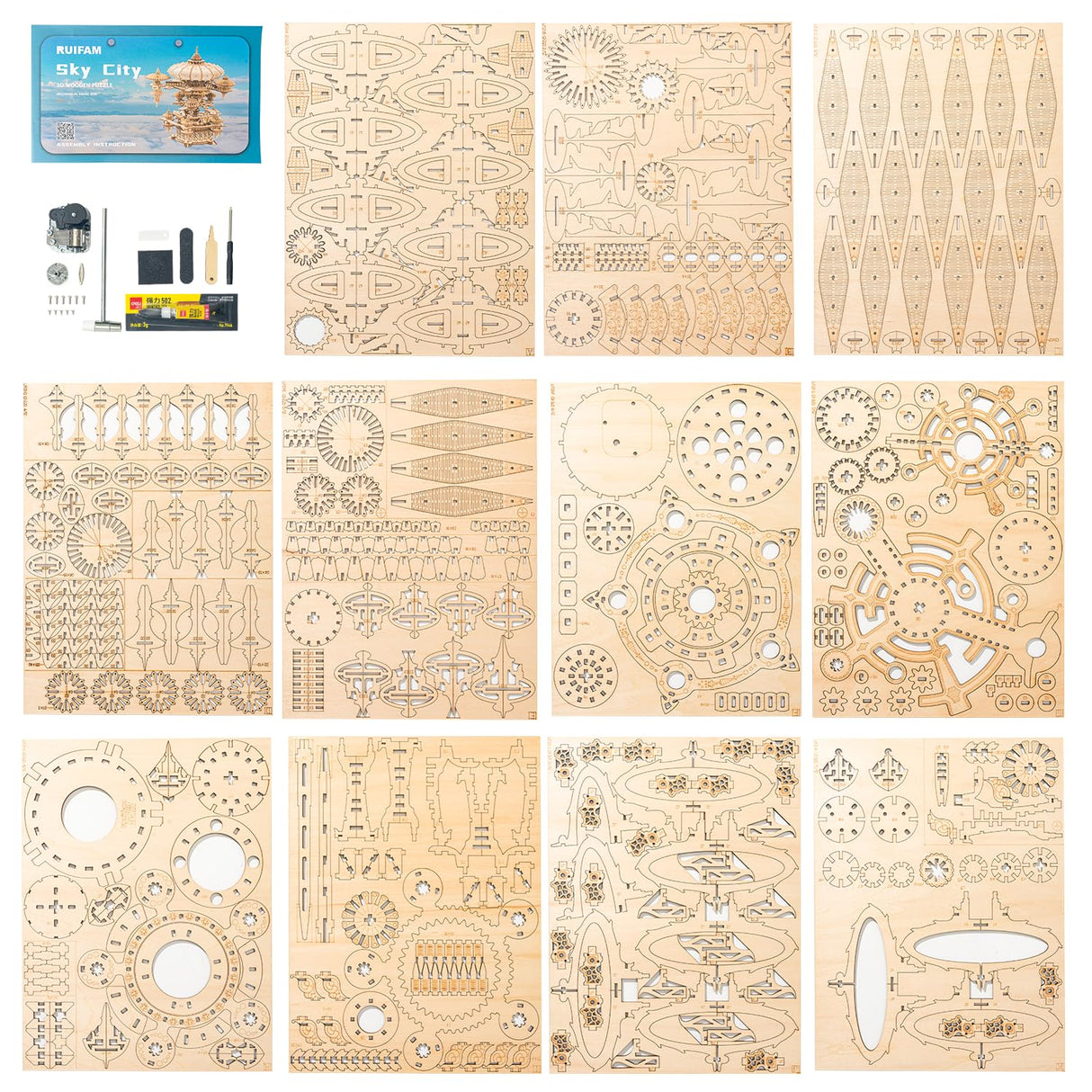RUIFAM 3D Wooden Puzzles for Adults, SkyCity Music Box Model Kit, 600+ Pcs Cityscape Design, Challenging Mechanical DIY Craft, STEM Toy and Unique Gift for All Occasions RUIFAM