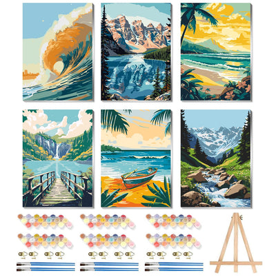 6 Pack Beach Paint by Numbers Kit for Adults, Adult Paint by Number Kits with Easel, Paint by Numbers for Adults Beginners, Riverside Acrylic Painting on Canvas Framed for Gift Decor 8x12 Inch