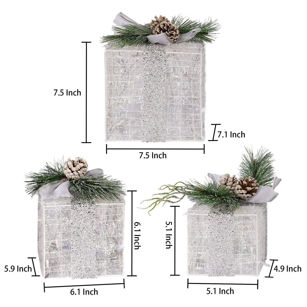 Hourleey Set of 3 Christmas Lighted Gift Boxes, Pre-lit 60 LED Light Up Present Boxes Ornament Outdoor Warm White Tinsel Boxes Decoration for Indoor Christmas Home Yard Lawn Decor Hourleey