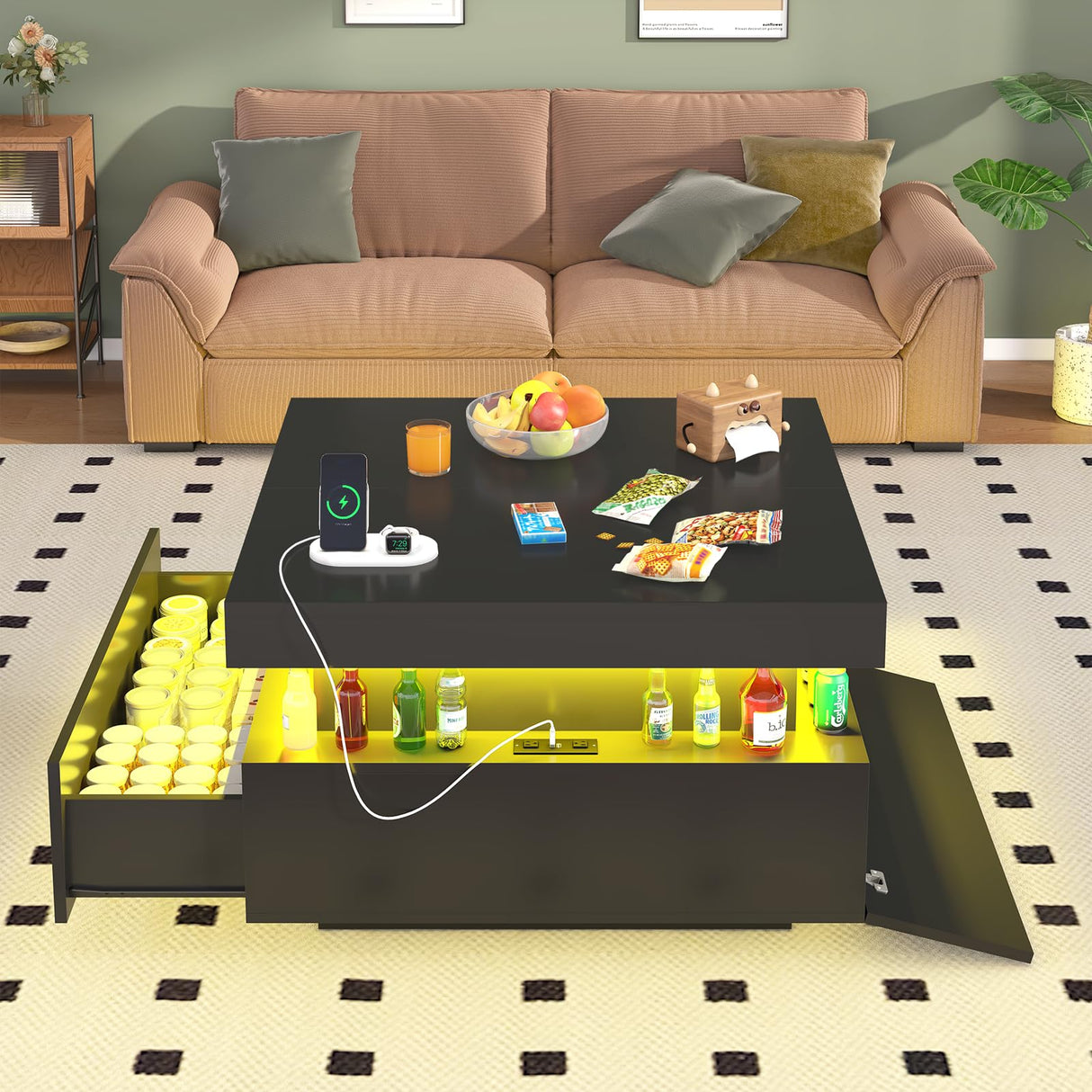 31.5" Square Coffee Table with Sliding Top and Charging Station, Black Coffee Tables with LED Lights and Storage Drawer for Living Room, Modern Center Table with Hidden Compartment, Cabinet Gacfiew