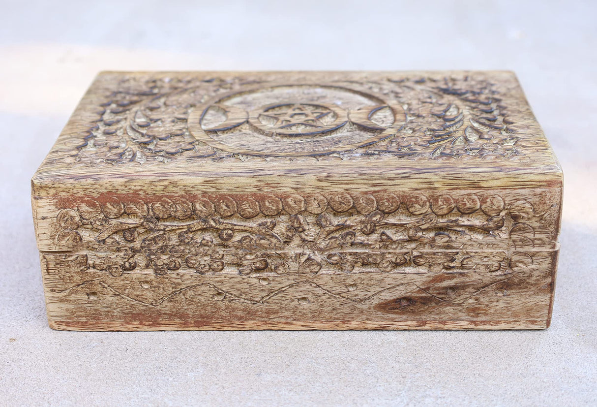 DharmaObjects Triple Moon Hand Carved Jewelry Trinket Keepsake Wooden Storage Box (Triple Moon, Large) DharmaObjects