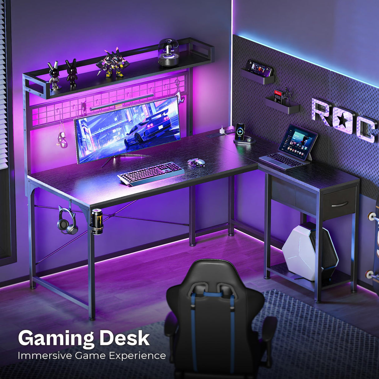 PRAISUN L Shaped Gaming Desk with Shelves, Corner Computer Table with LED Lights, Power Outlets and USB-C Ports, 50 Inch Reversible Home Office Desk with Storage Drawer, for Work and Study, Black PRAISUN