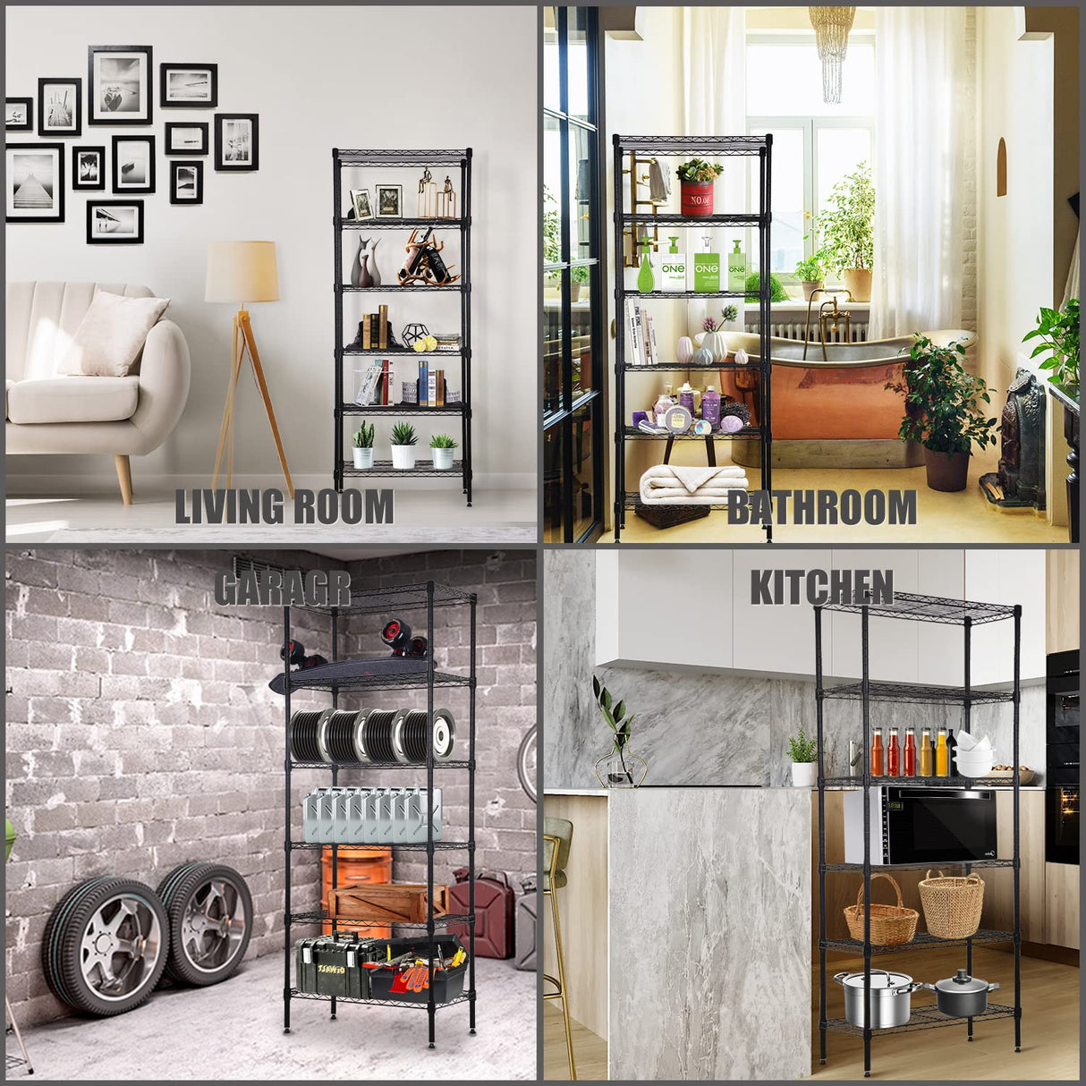 NChanmar 6-Tier Wire Shelving Unit Storage Shelves Metal Shelves 60"x23"x13" Heavy Duty Metal Storage Rack Wire Rack NSF Height Adjustable for Home Kitchen Bathroom Garage Shelving(Black) NChanmar