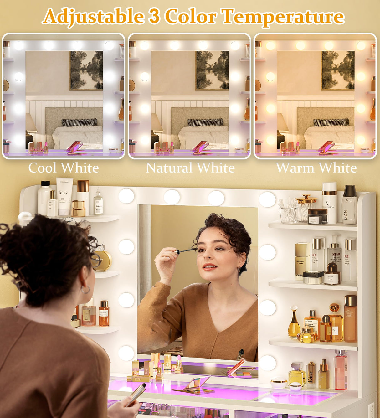 HUAHUUU Vanity Desk, Makeup Vanity Desk with Mirror and Lights 3 Colors, Transparent Top with 3 RGB Drawers, 6 Shelves, 2 Large Tempered Cabinets, Power Outlet, for Bedroom, White HUAHUU