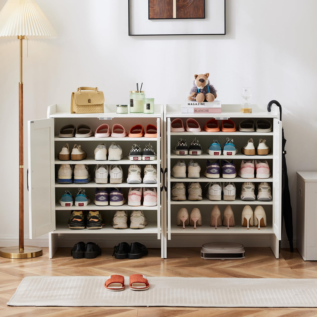 Mericonia Farmhouse Shoe Cabinet with Doors, Modern Large 5-Tier Shoe Storage Cabinet with Adjustable Shelves, Wooden Shoe Organizer for Entryway, Hallway, Closet, Bedroom, Living Room, White Mericonia