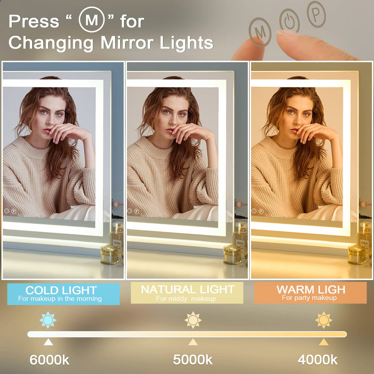 Sucedey Vanity Mirror with Lights, 23" x 18" Makeup Mirror, Hollywood Mirror with 3 Color Modes & Adjustable Brightness, Detachable 10x Magnification and USB Charging Design (White) Sucedey