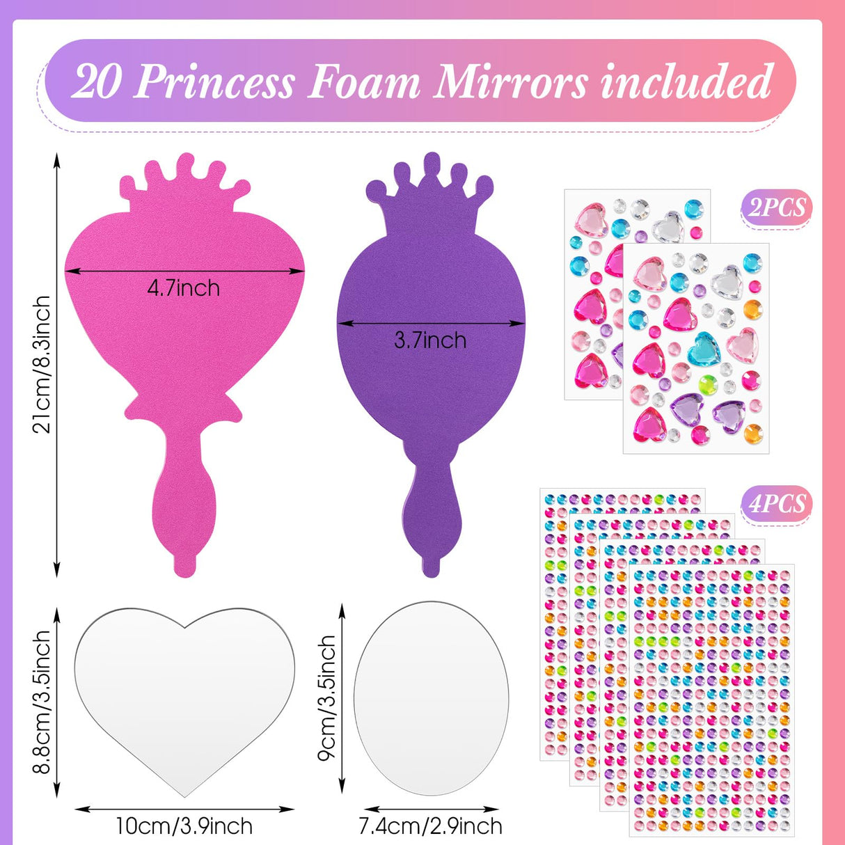 Geetery 20 Pcs Unbreakable Kids Mirror DIY Decorate Your Own Princess Mirror Mermaid Princess Foam Small Crafts for Princess Party Decorations(Purple, Pink) Geetery