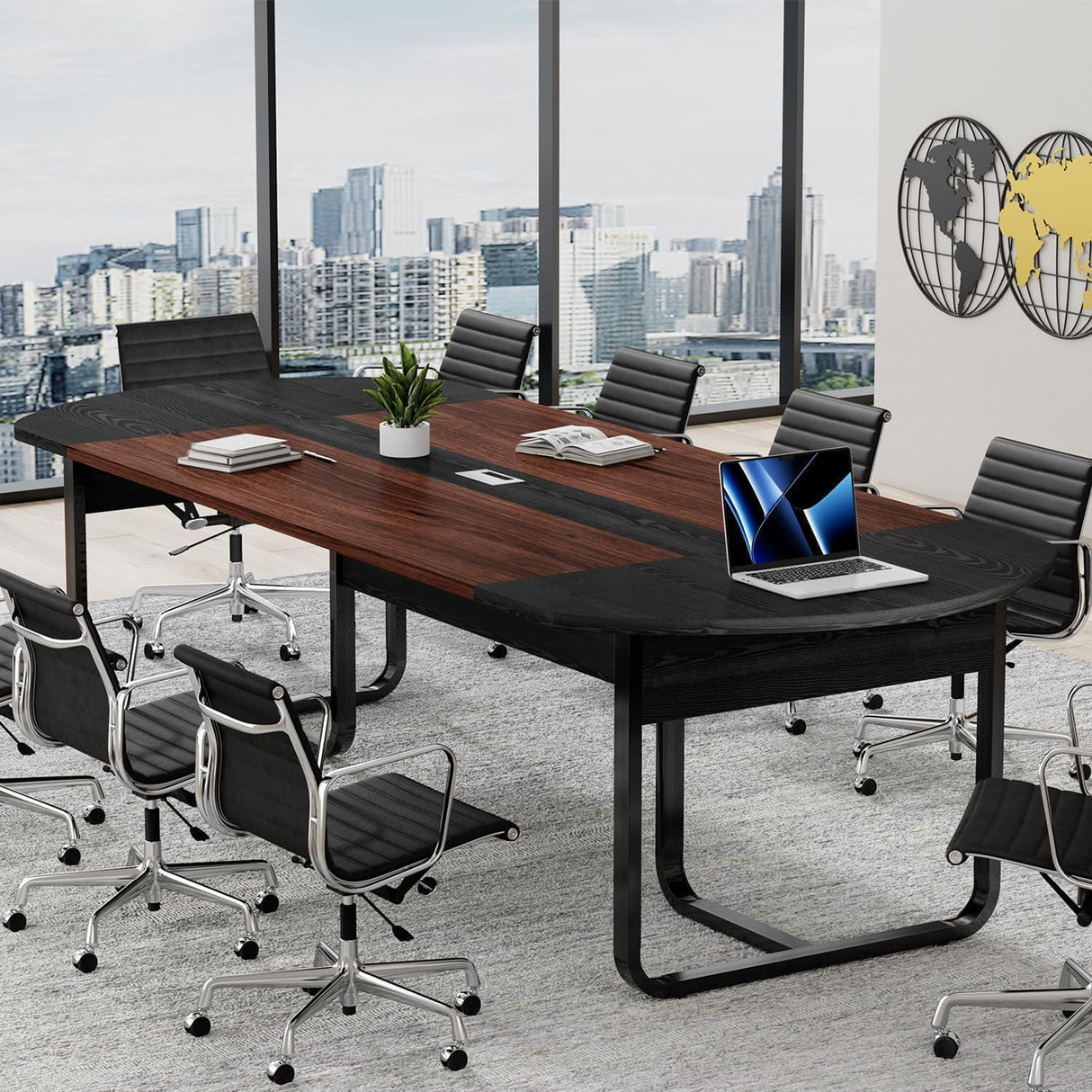 MaverickFurni 8FT Conference Table, Walnut and Black Conference Room Table Curved for Office with Rectangle Grommet, Modern Meeting Table for Office MaverickFurni